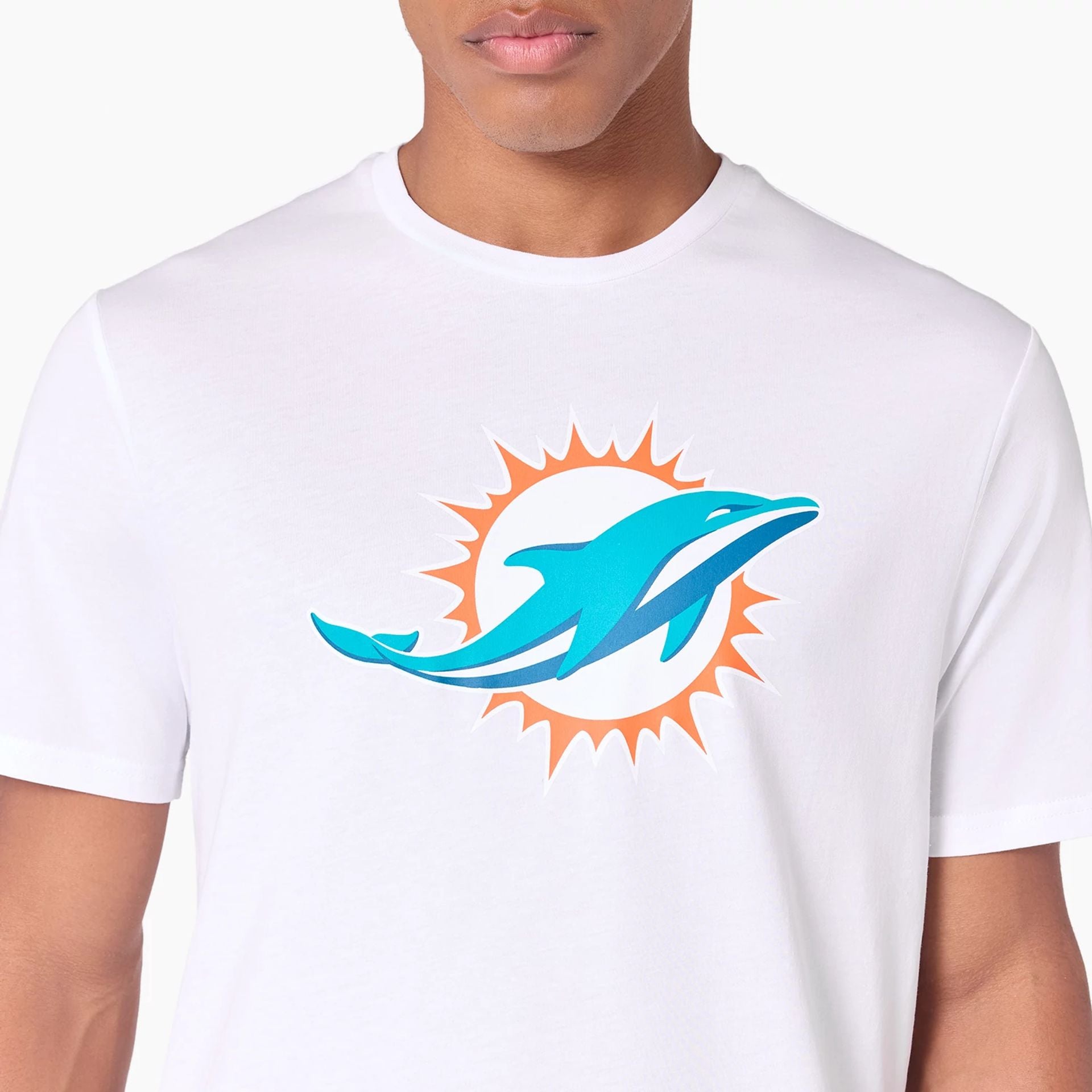 The Male model is wearing Miami Dolphins NFL White T-Shirt 2