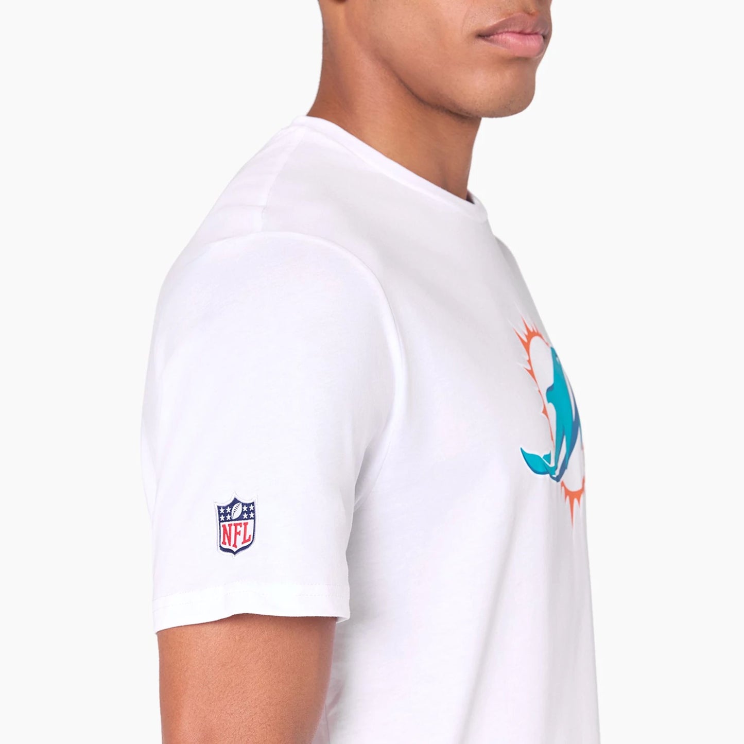 The Male model is wearing Miami Dolphins NFL White T-Shirt 4