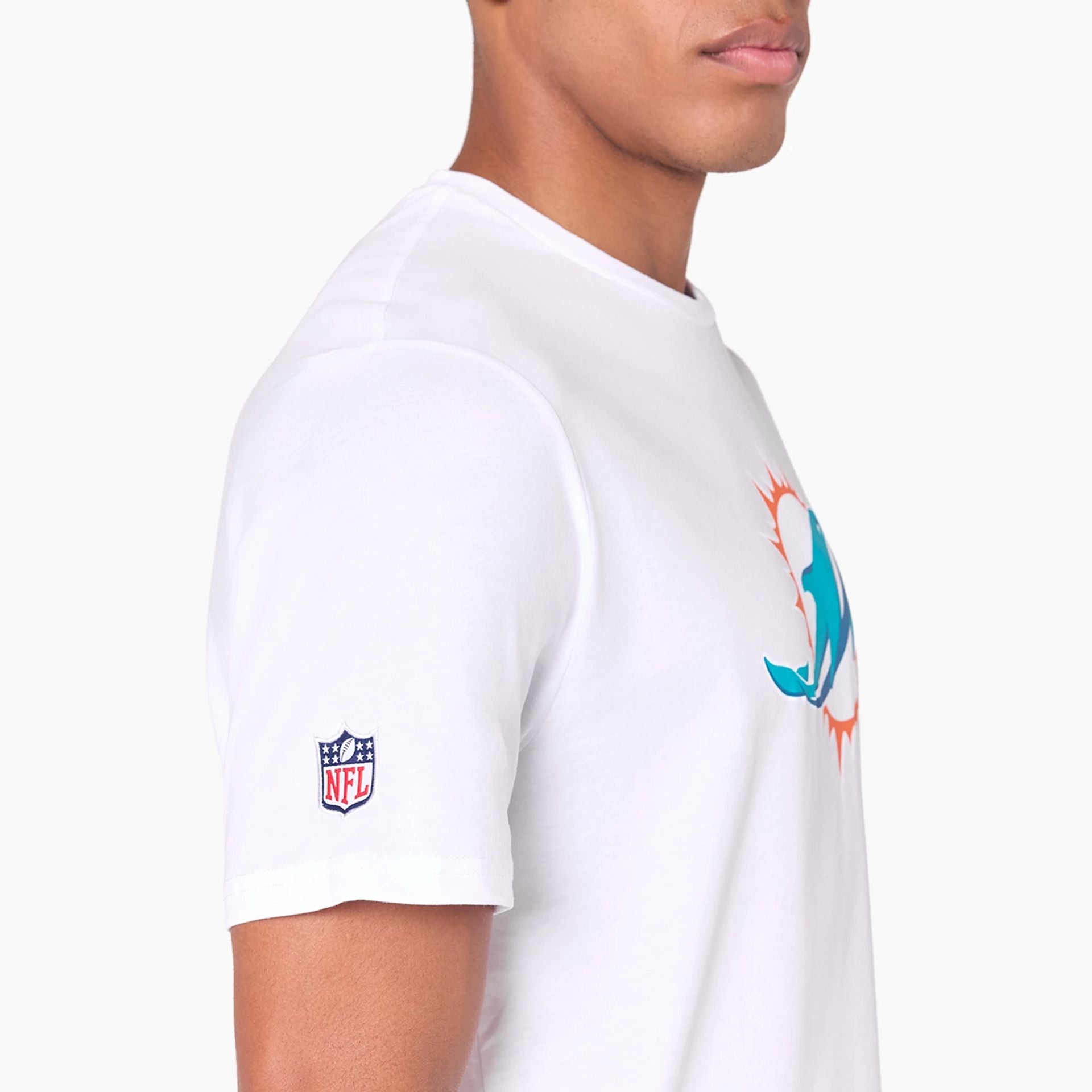 The Male model is wearing Miami Dolphins NFL White T-Shirt 4