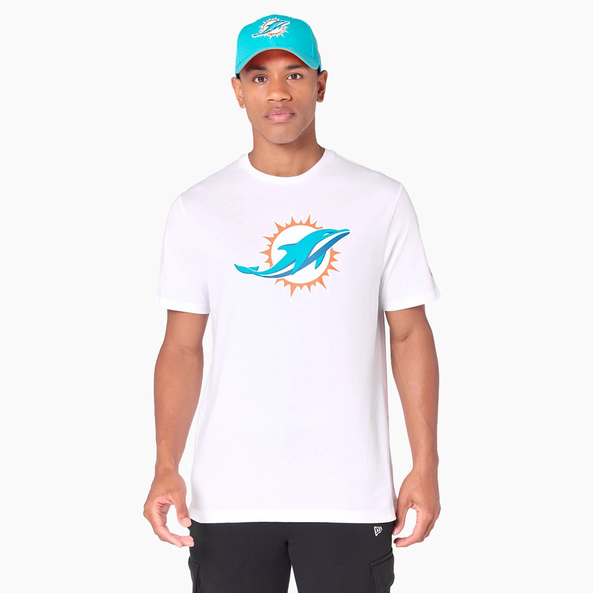 The Male model is wearing Miami Dolphins NFL White T-Shirt 1