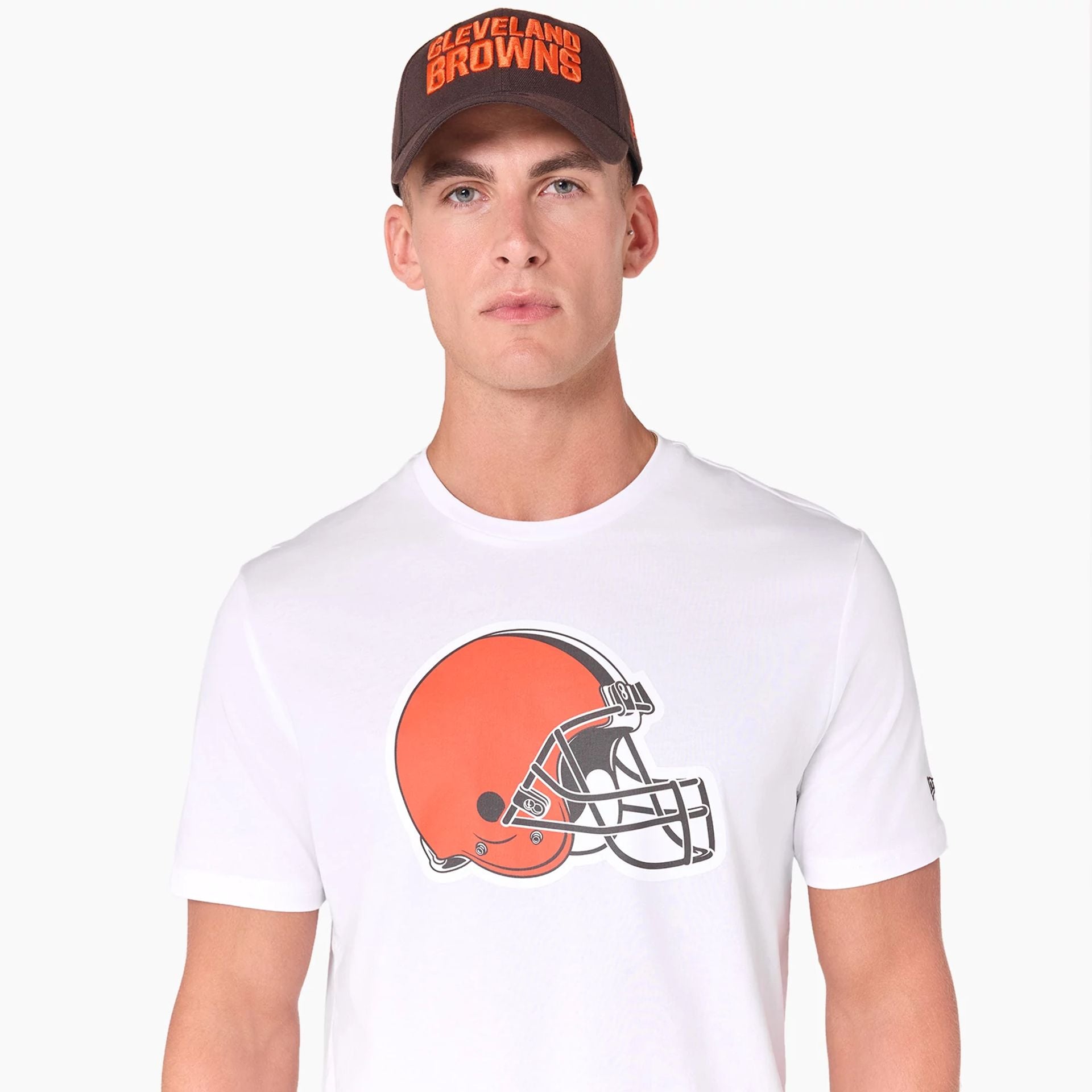 The Male model is wearing Cleveland Browns NFL White T-Shirt 2