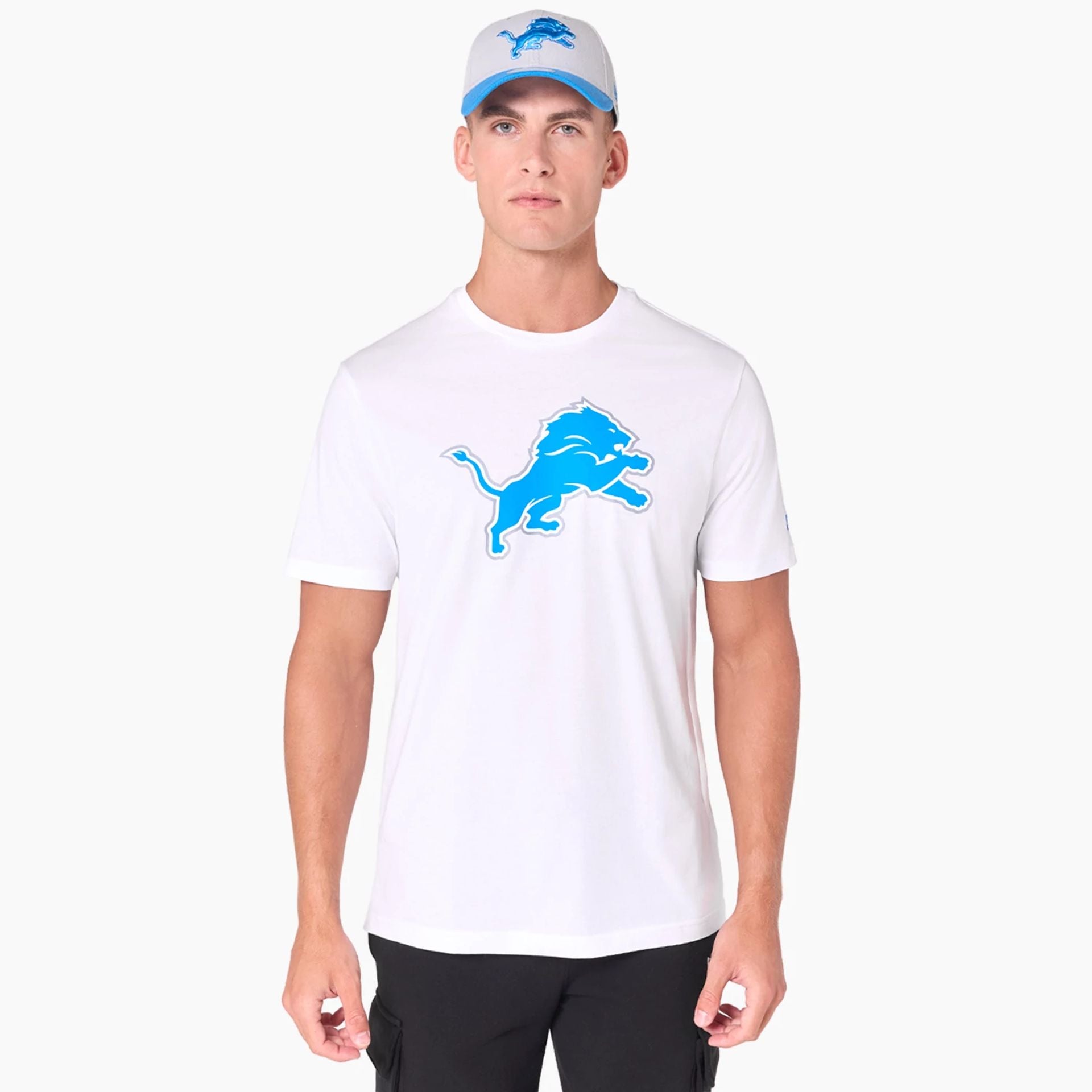 The Male model is wearing Detroit Lions NFL White T-Shirt 1