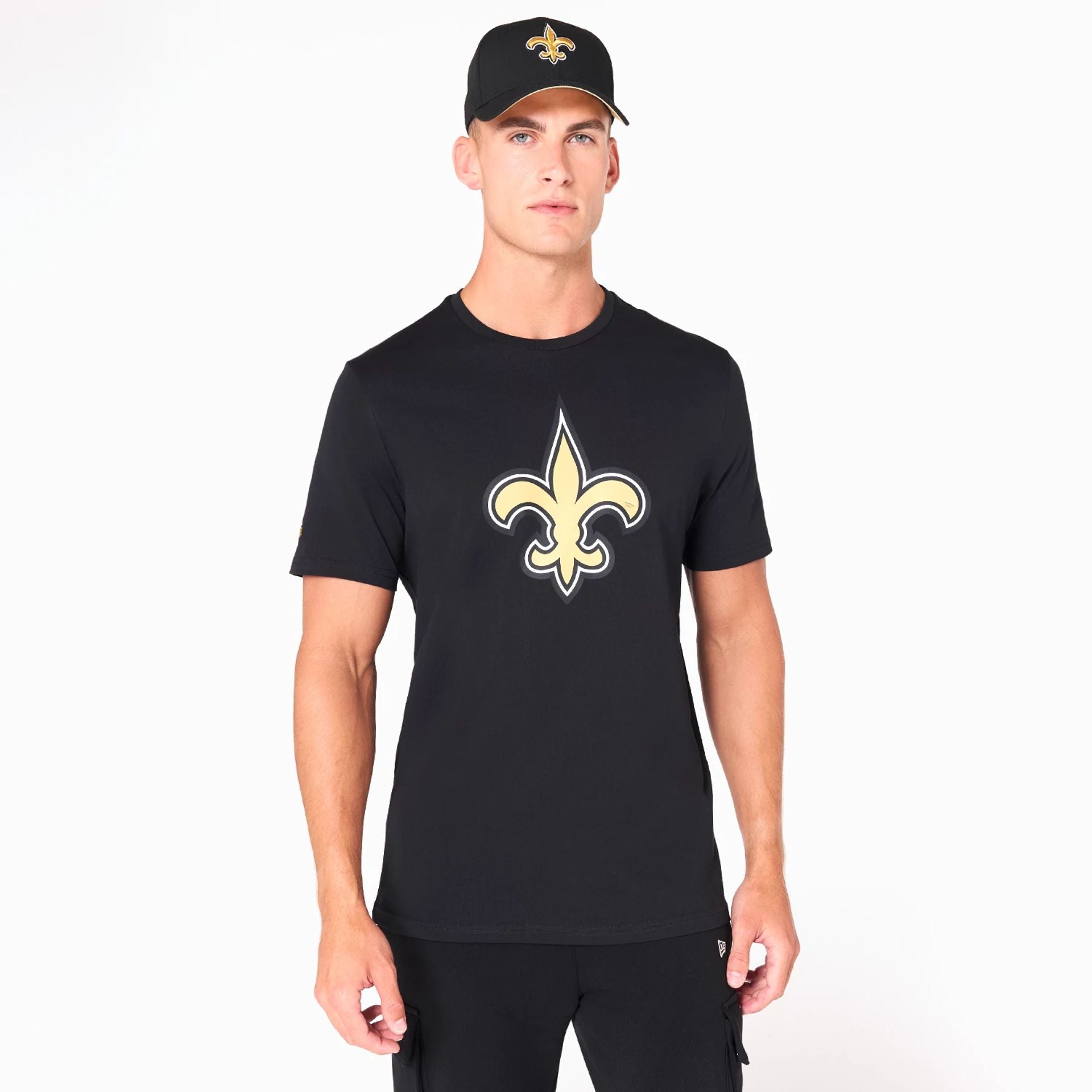 The Male model is wearing New Orleans Saints NFL Black T-Shirt 1