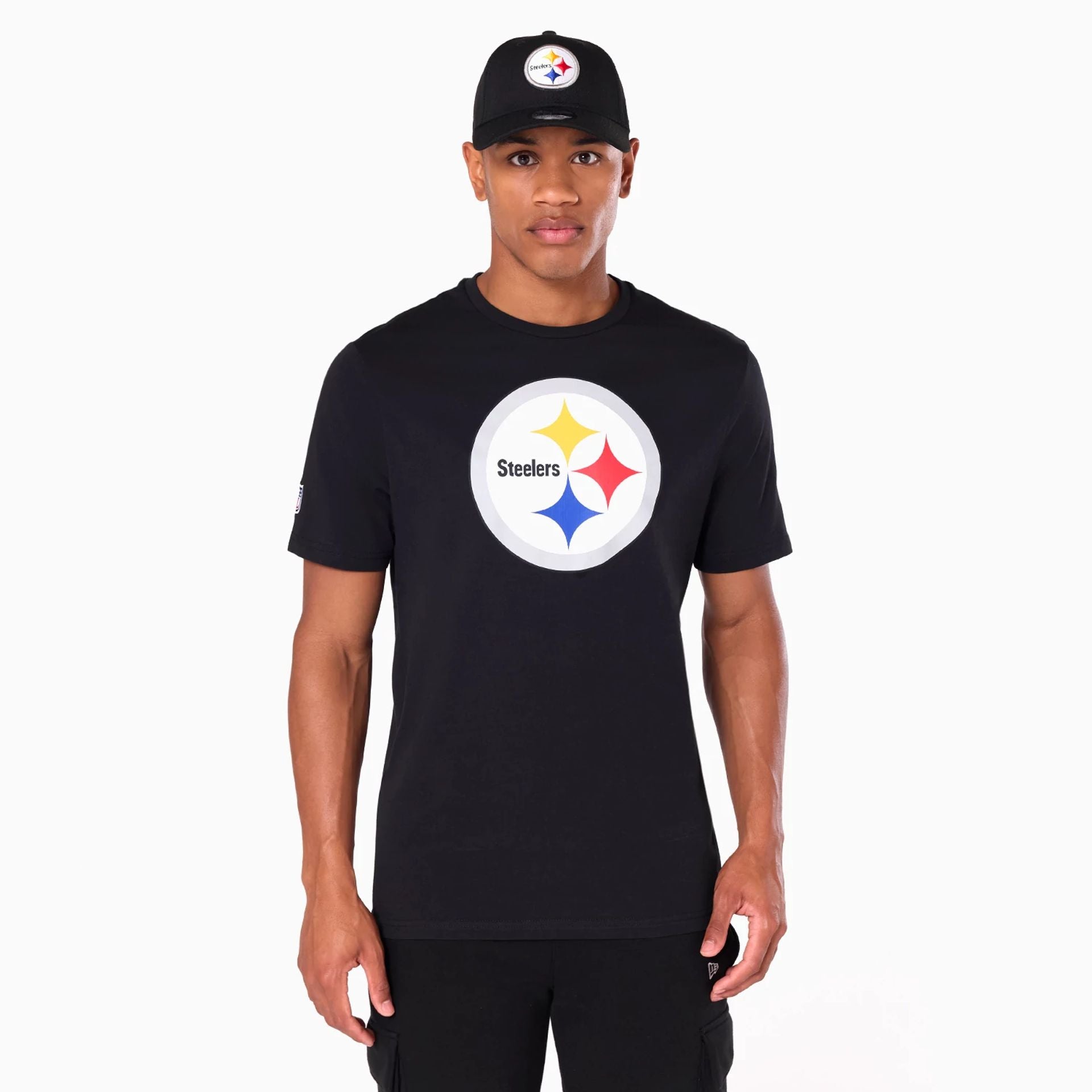 The Male model is wearing Pittsburgh Steelers NFL Black T-Shirt 1