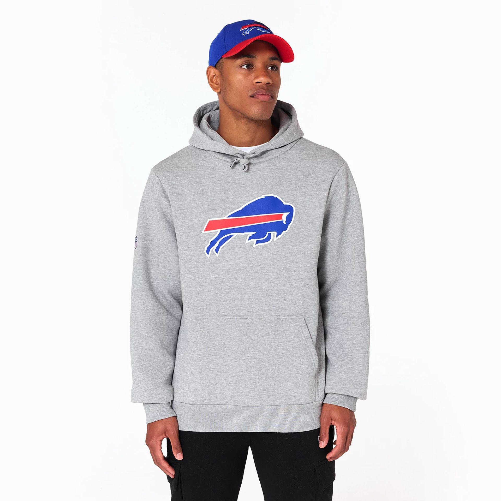 The Male model is wearing Buffalo Bills NFL Grey Pullover Hoodie 1