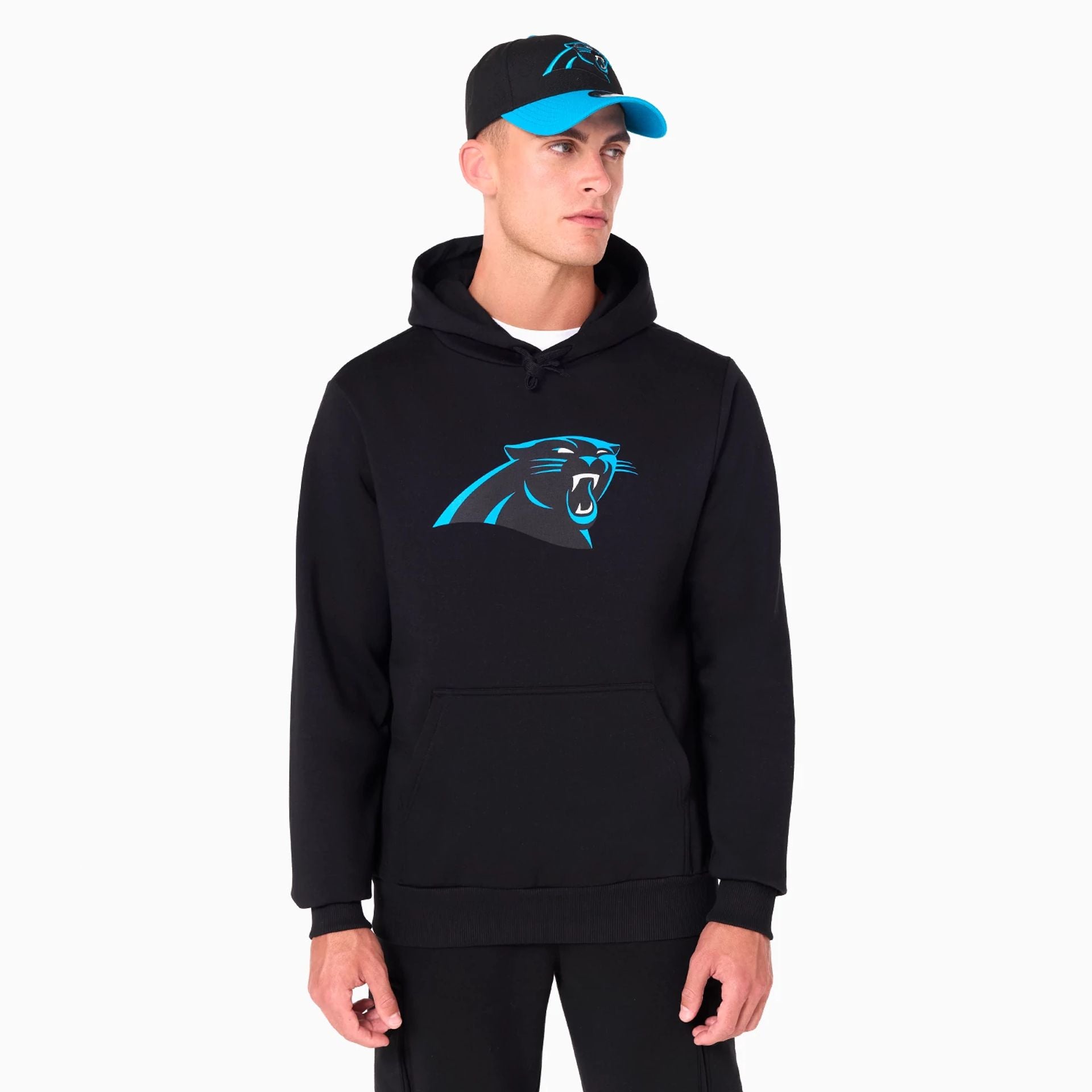 The Male model is wearing Carolina Panthers NFL Black Pullover Hoodie 1