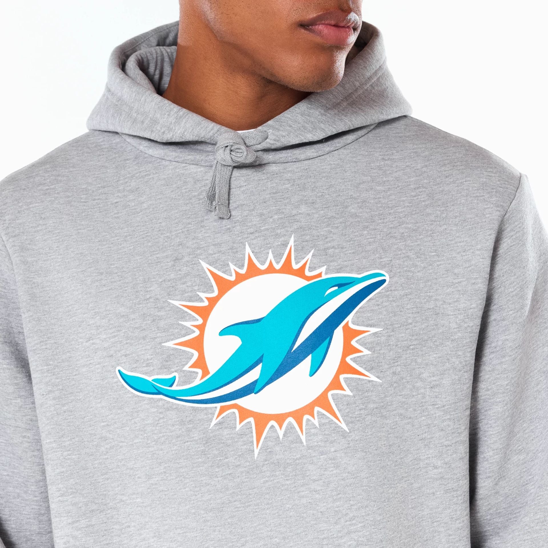 The Male model is wearing Miami Dolphins NFL Grey Pullover Hoodie 2