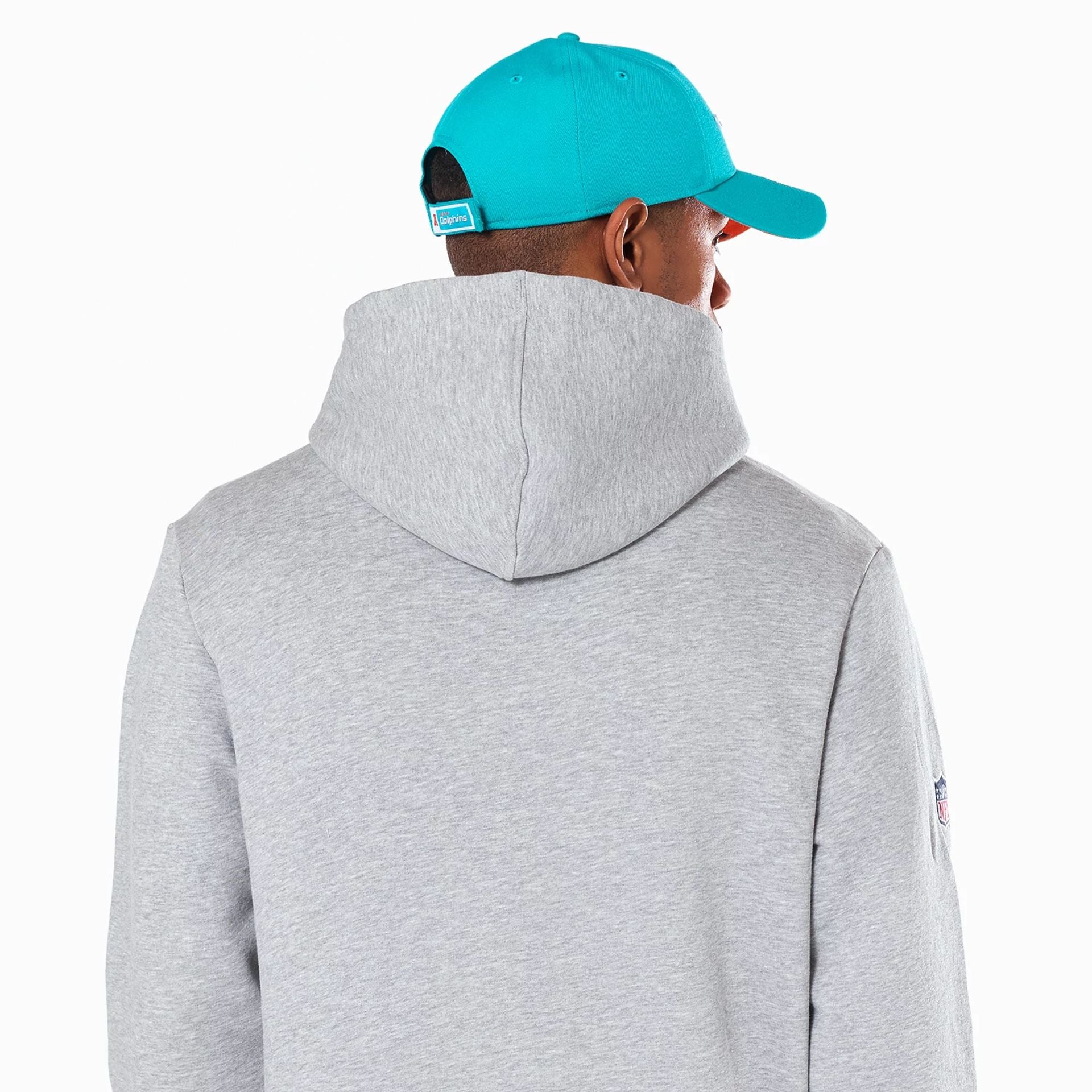 The Male model is wearing Miami Dolphins NFL Grey Pullover Hoodie 5