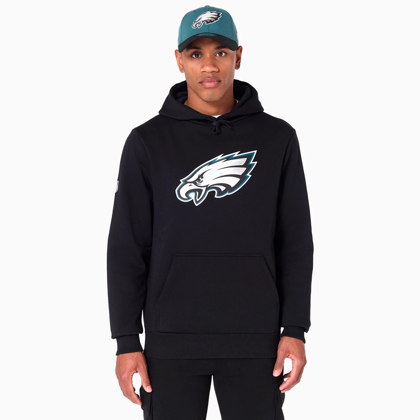 The Male model is wearing Philadelphia Eagles NFL Black Pullover Hoodie 1