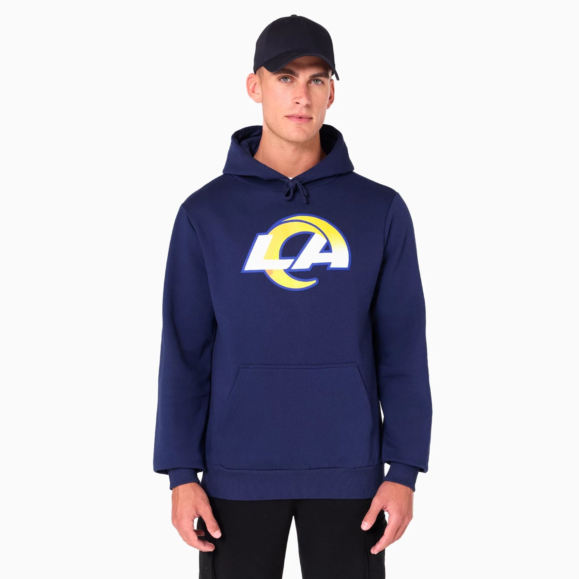 The Male model is wearing LA Rams NFL Navy Pullover Hoodie 1