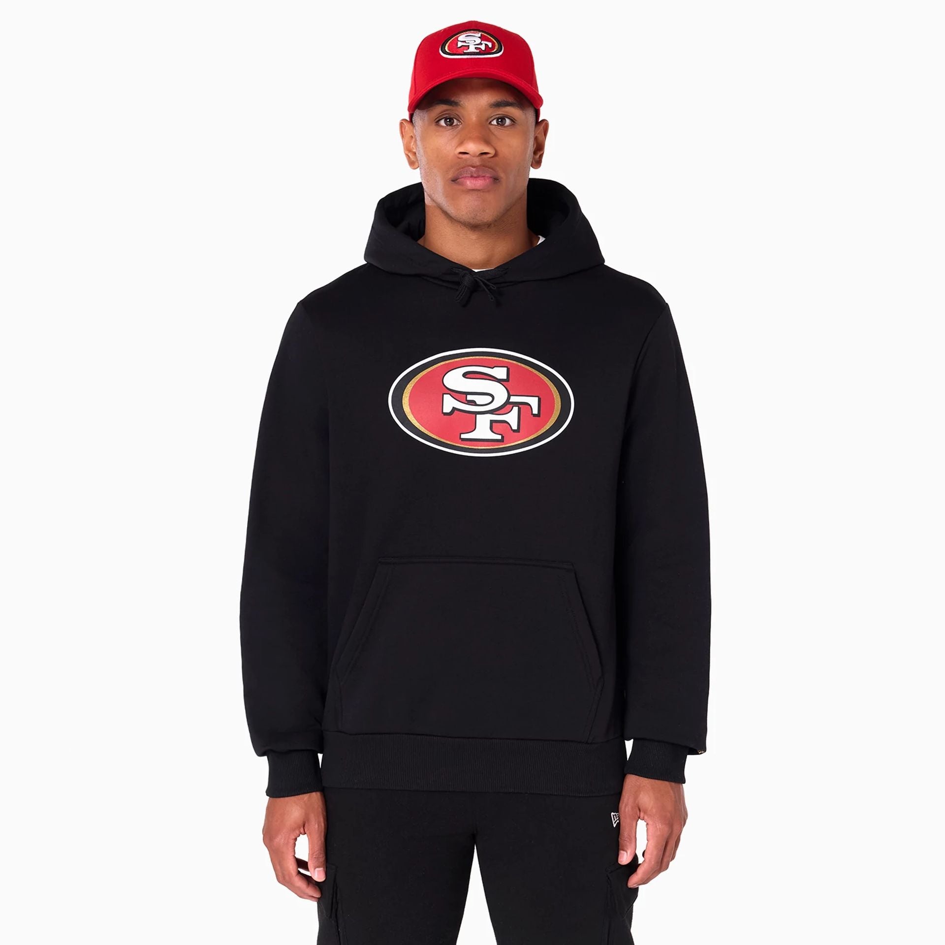 The Male model is wearing San Francisco 49ers NFL Black Pullover Hoodie 1