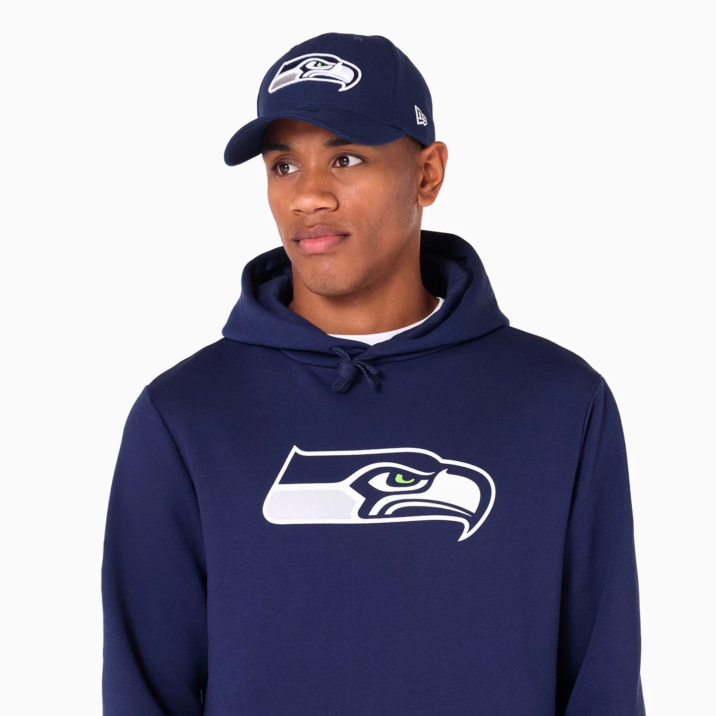 The Male model is wearing Seattle Seahawks NFL Navy Pullover Hoodie 2