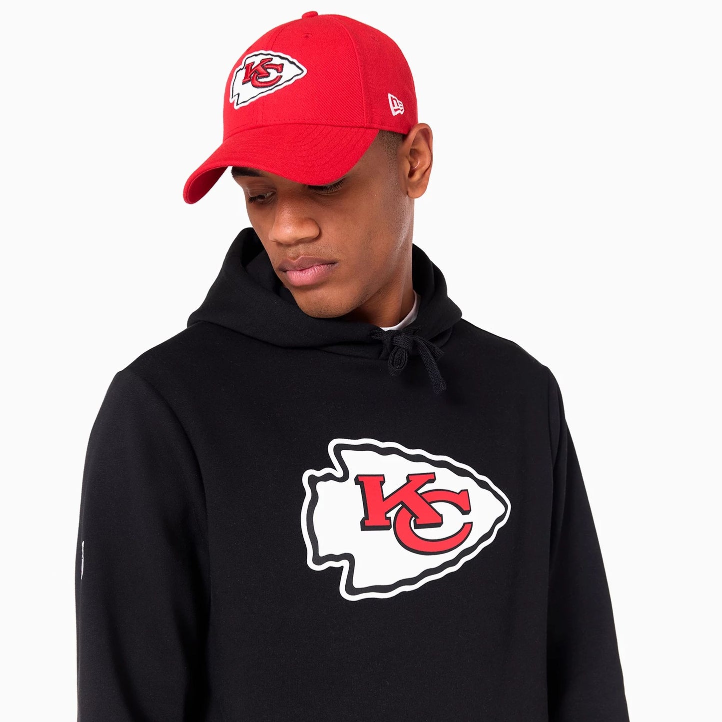 The Male model is wearing Kansas City Chiefs NFL Black Pullover Hoodie 3