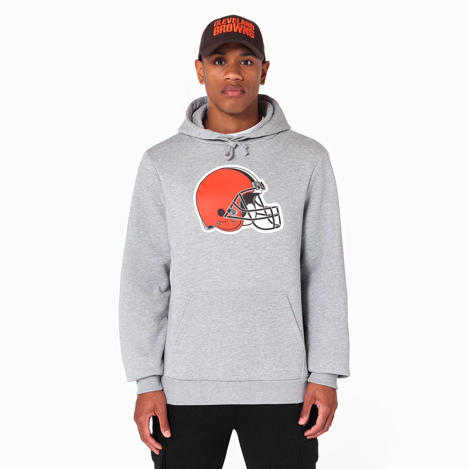 The Male model is wearing Cleveland Browns NFL Grey Pullover Hoodie 1