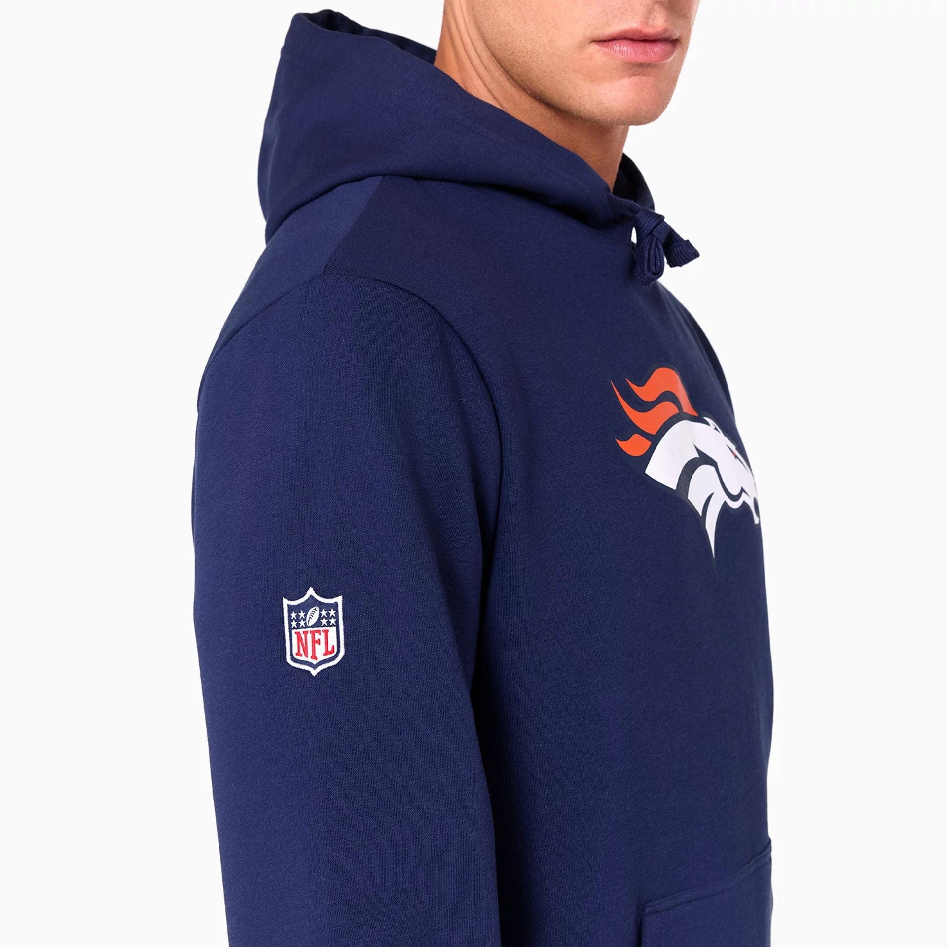 The Male model is wearing Denver Broncos NFL Navy Pullover Hoodie 4