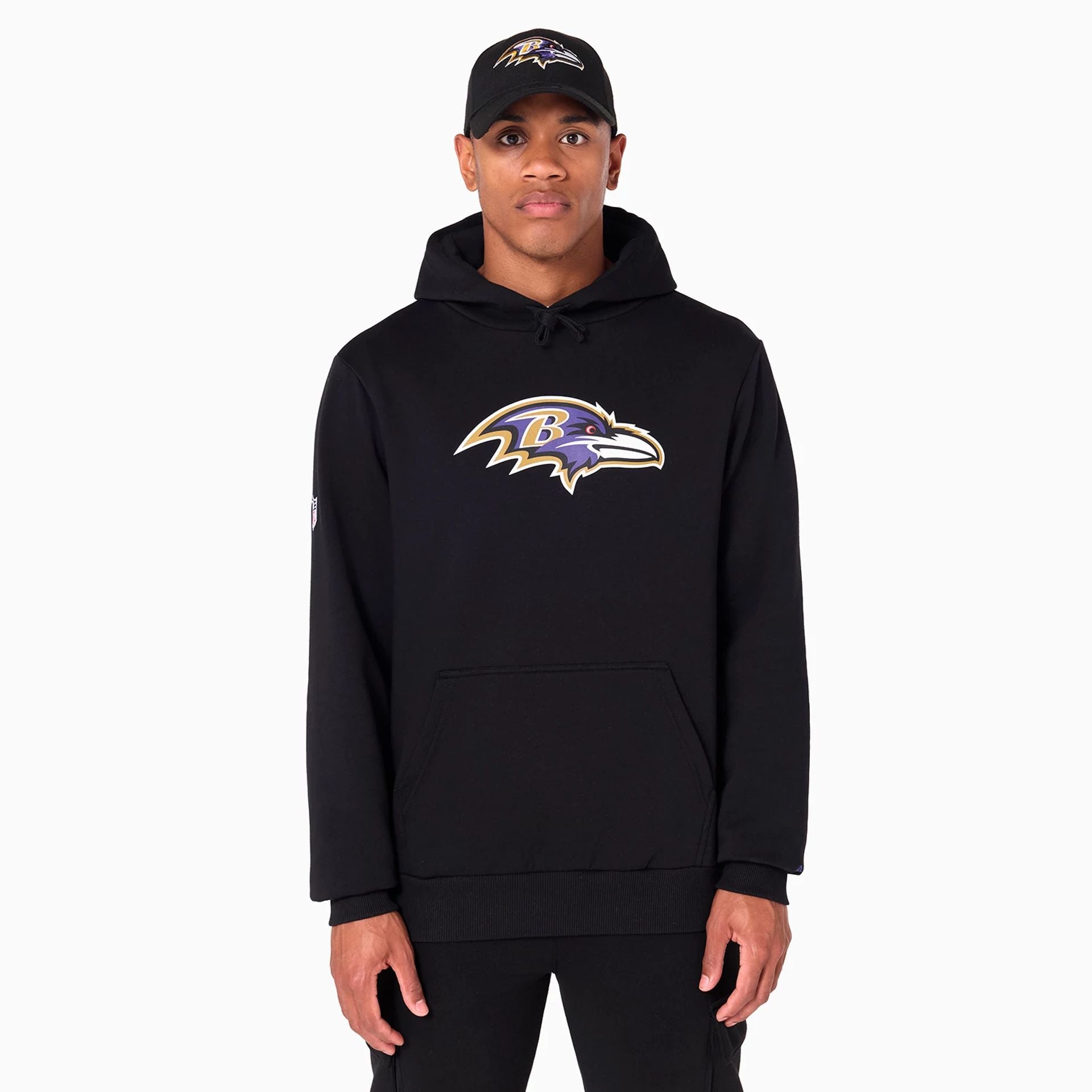 The Male model is wearing Baltimore Ravens NFL Black Pullover Hoodie 1