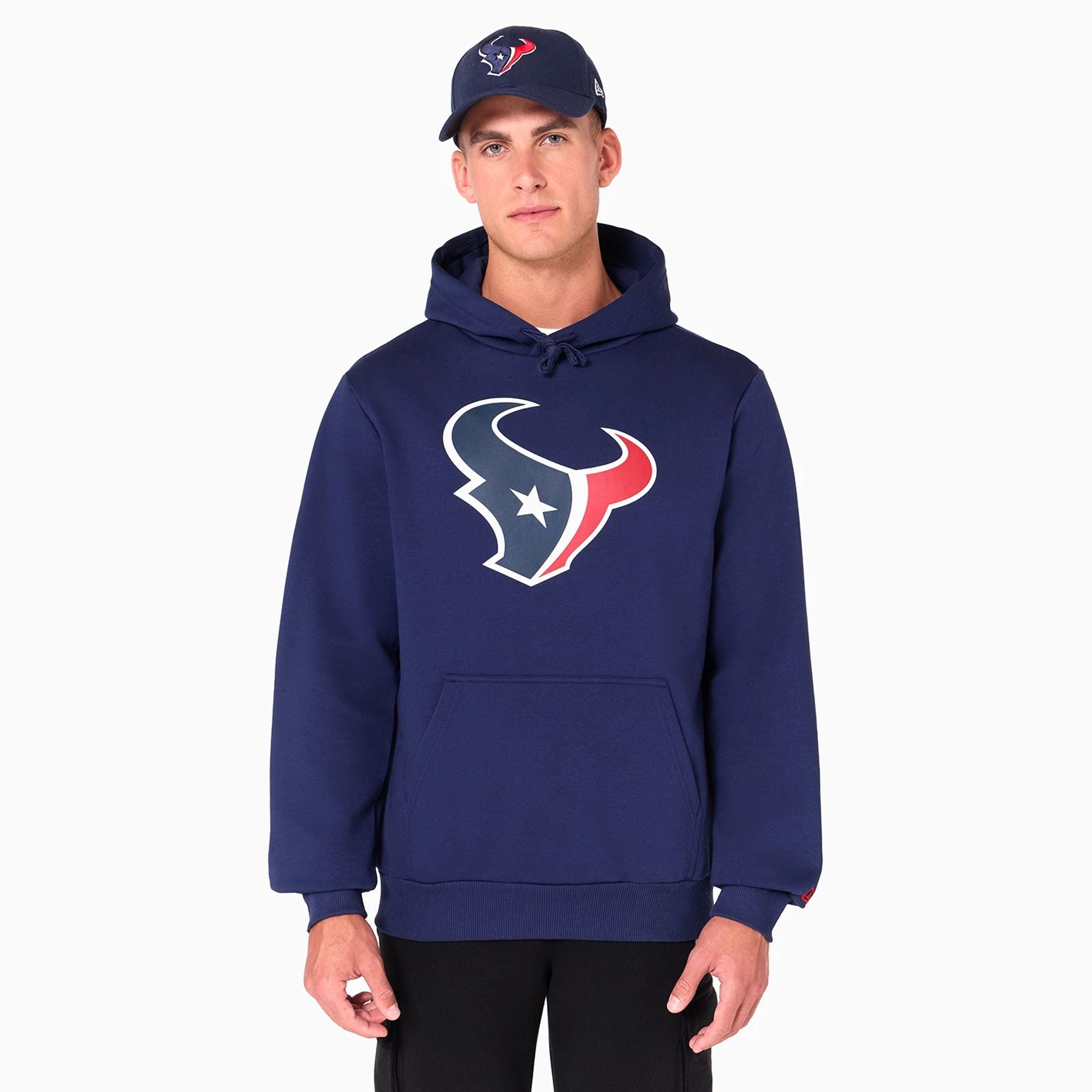 The Male model is wearing Houston Texans NFL Navy Pullover Hoodie 1