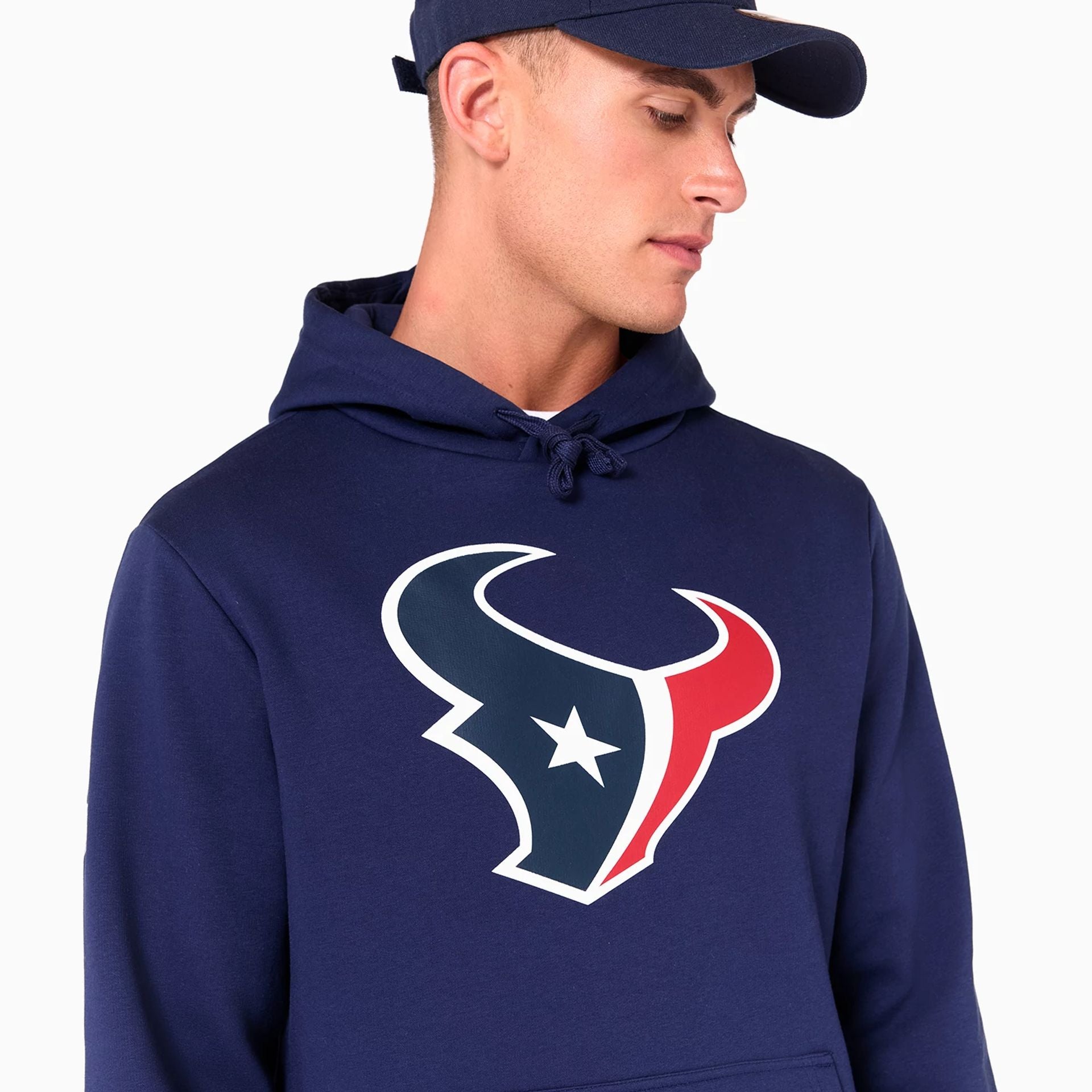 The Male model is wearing Houston Texans NFL Navy Pullover Hoodie 5