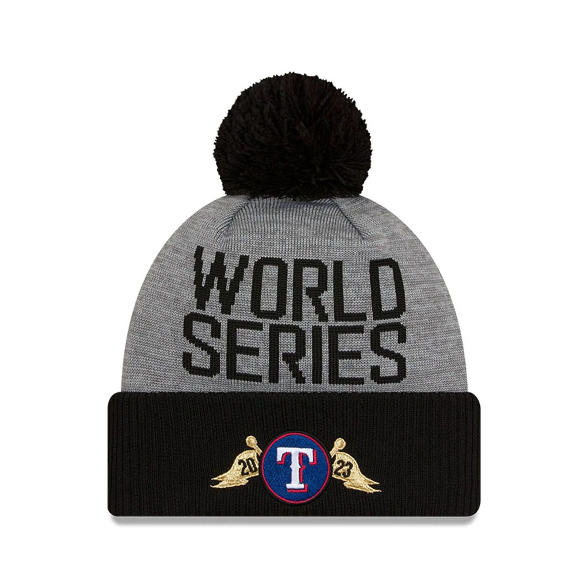 This is a Texas Rangers MLB World Series Champions Grey Bobble Knit Beanie Hat 1