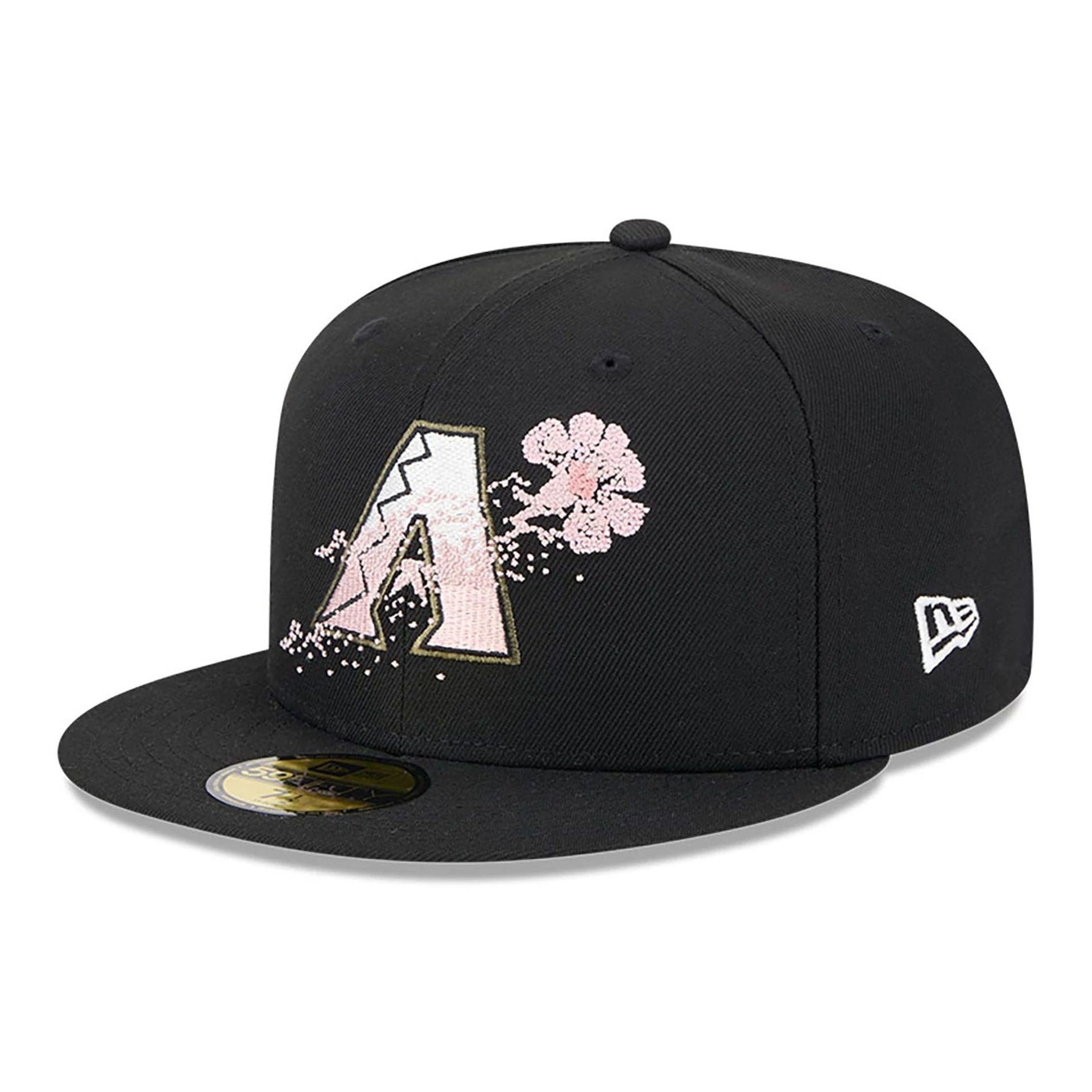 This is a Arizona Diamondbacks Dotted Floral Black 59FIFTY Fitted Cap 1