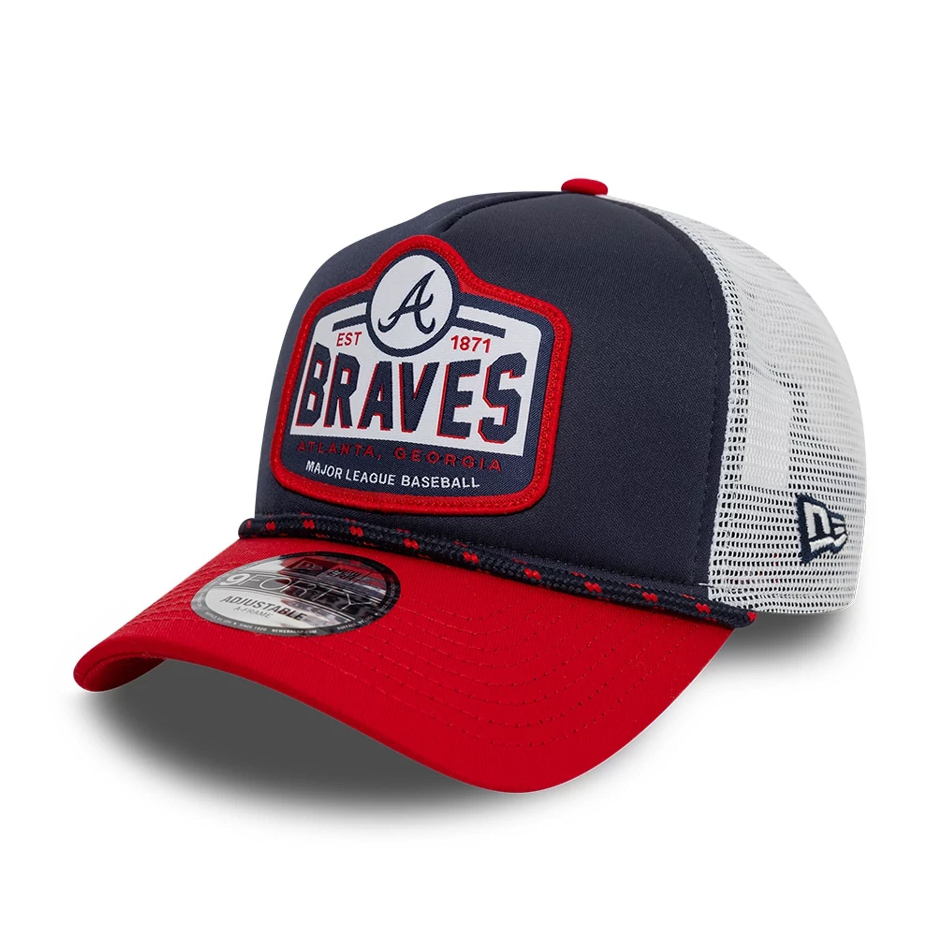 This is a Atlanta Braves MLB Rally Drive Navy 9FORTY A-Frame Trucker Cap 1