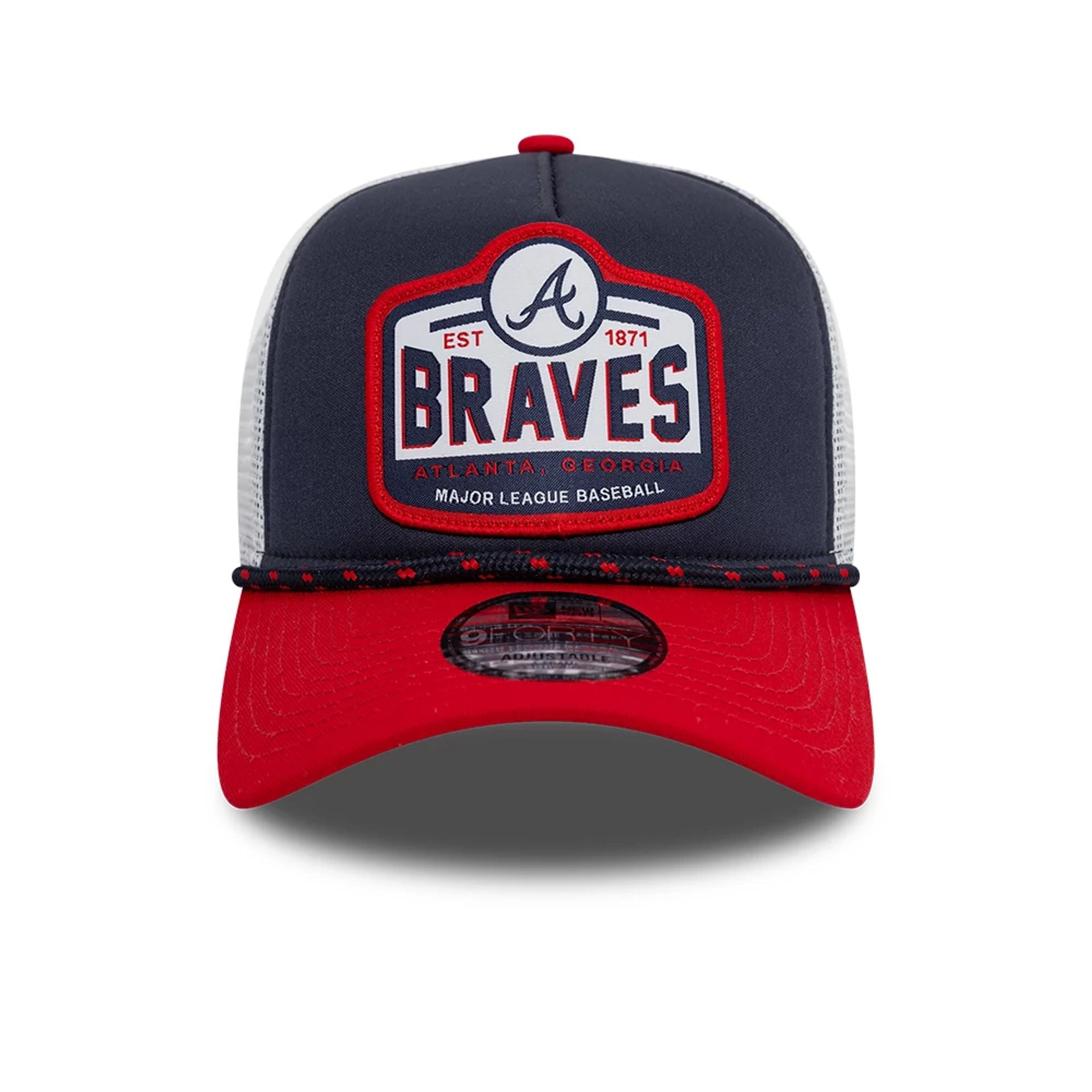 This is a Atlanta Braves MLB Rally Drive Navy 9FORTY A-Frame Trucker Cap 2