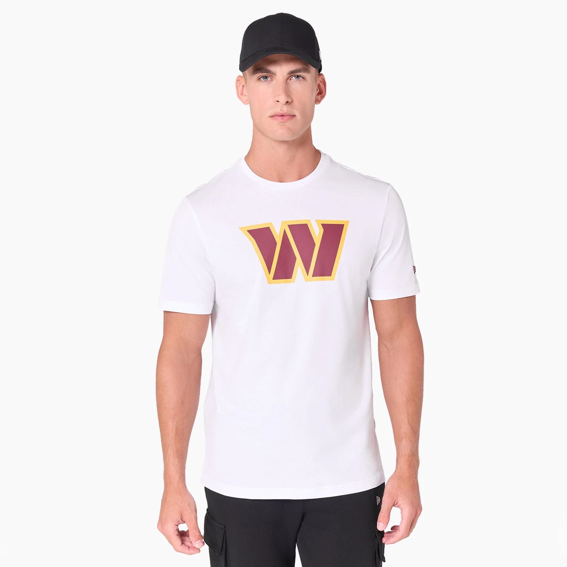 The Male model is wearing Washington Commanders NFL White T-Shirt 1