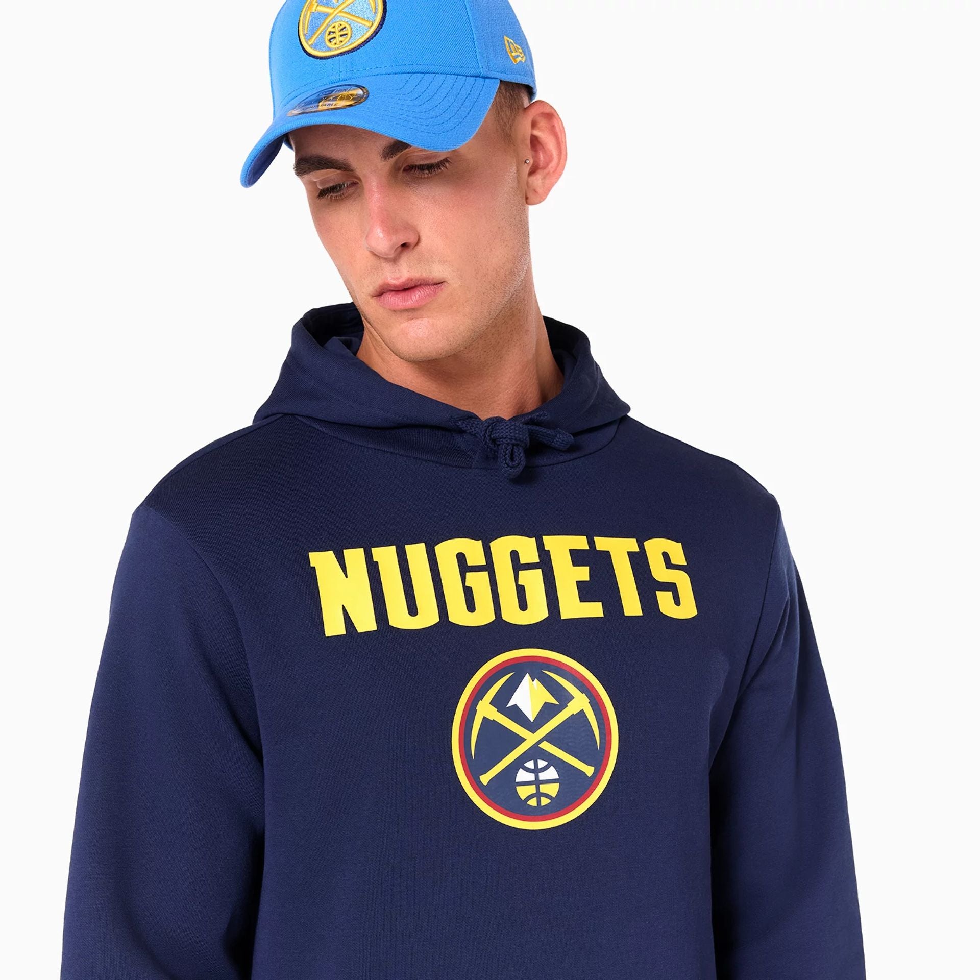 The Male model is wearing Denver Nuggets NBA Navy Pullover Hoodie 5