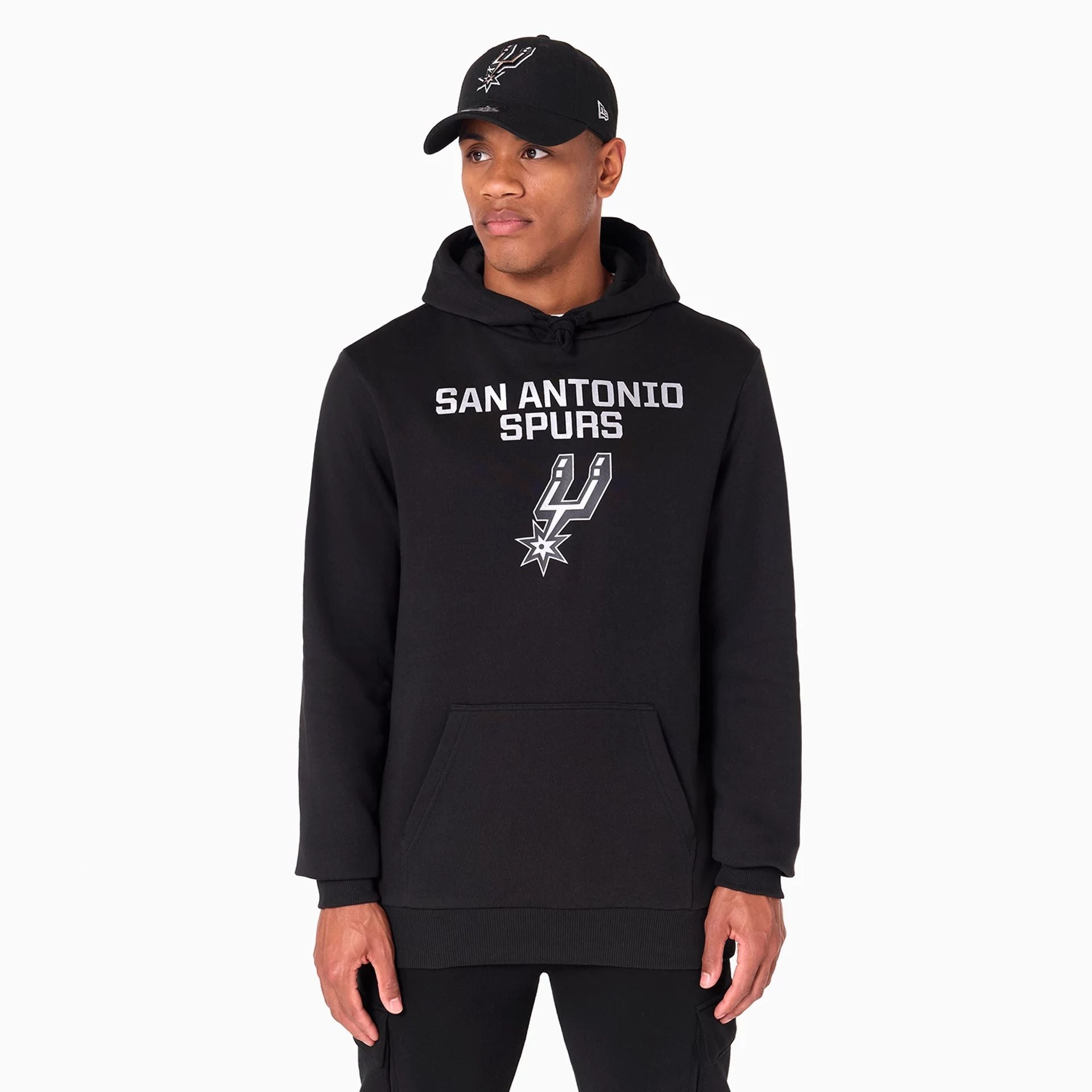 The Male model is wearing San Antonio Spurs NBA Black Pullover Hoodie 1