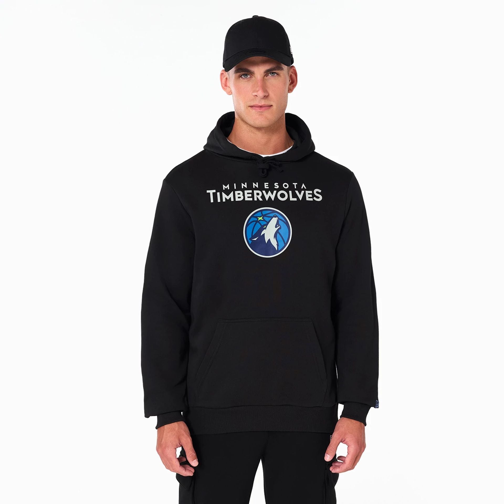 The Male model is wearing Minnesota Timberwolves NBA Black Pullover Hoodie 1