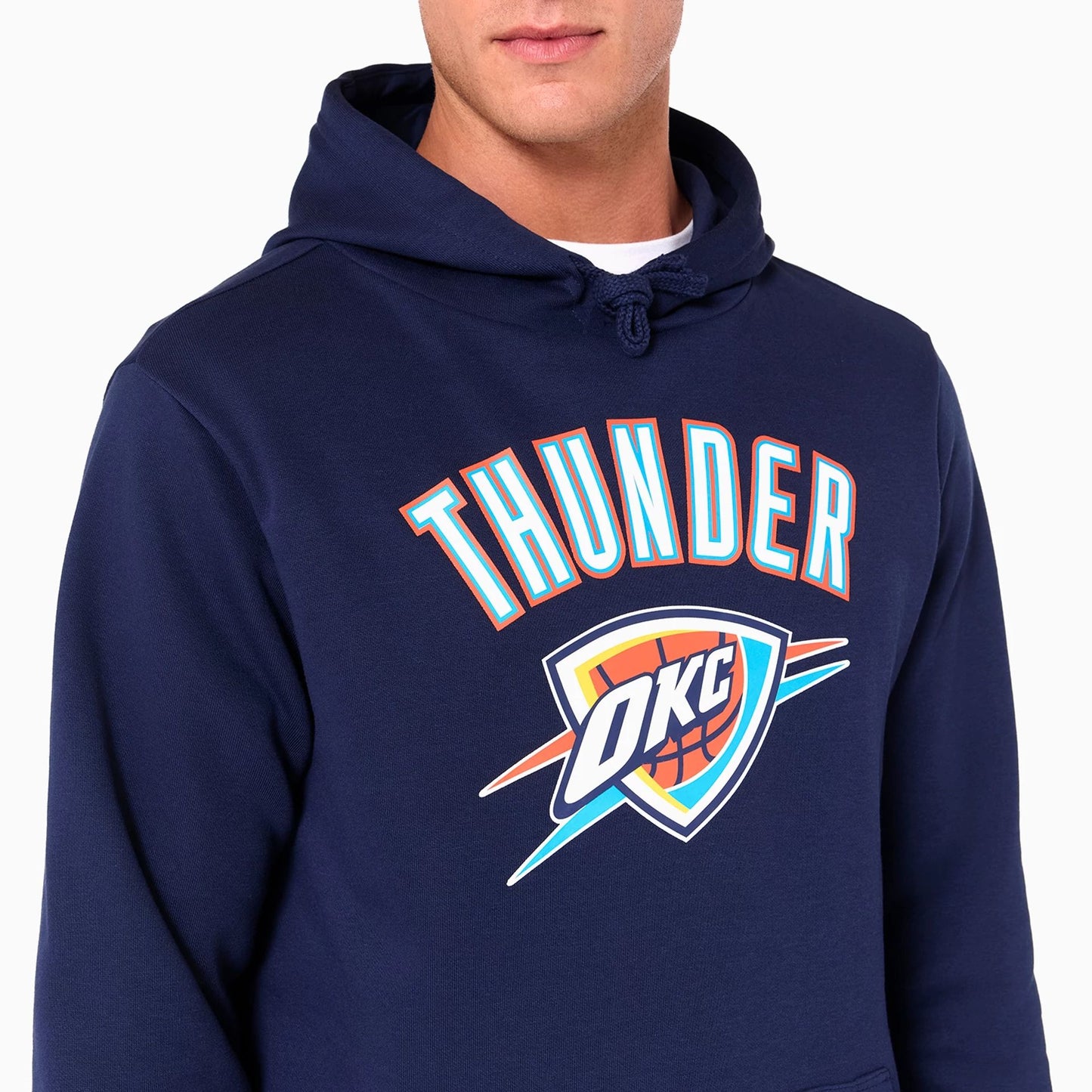 The Male model is wearing Oklahoma City Thunder NBA Navy Pullover Hoodie 2