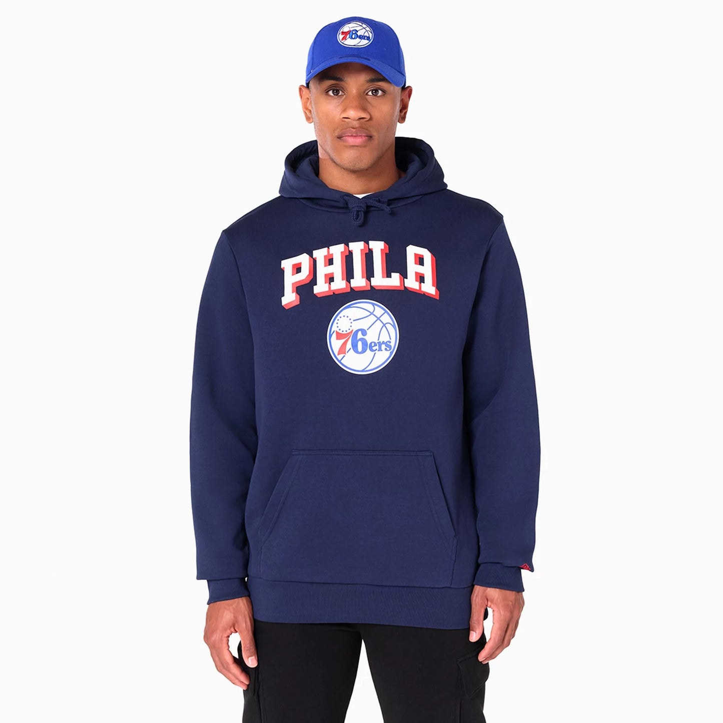 The Male model is wearing Philadelphia 76ers NBA Navy Pullover Hoodie 1