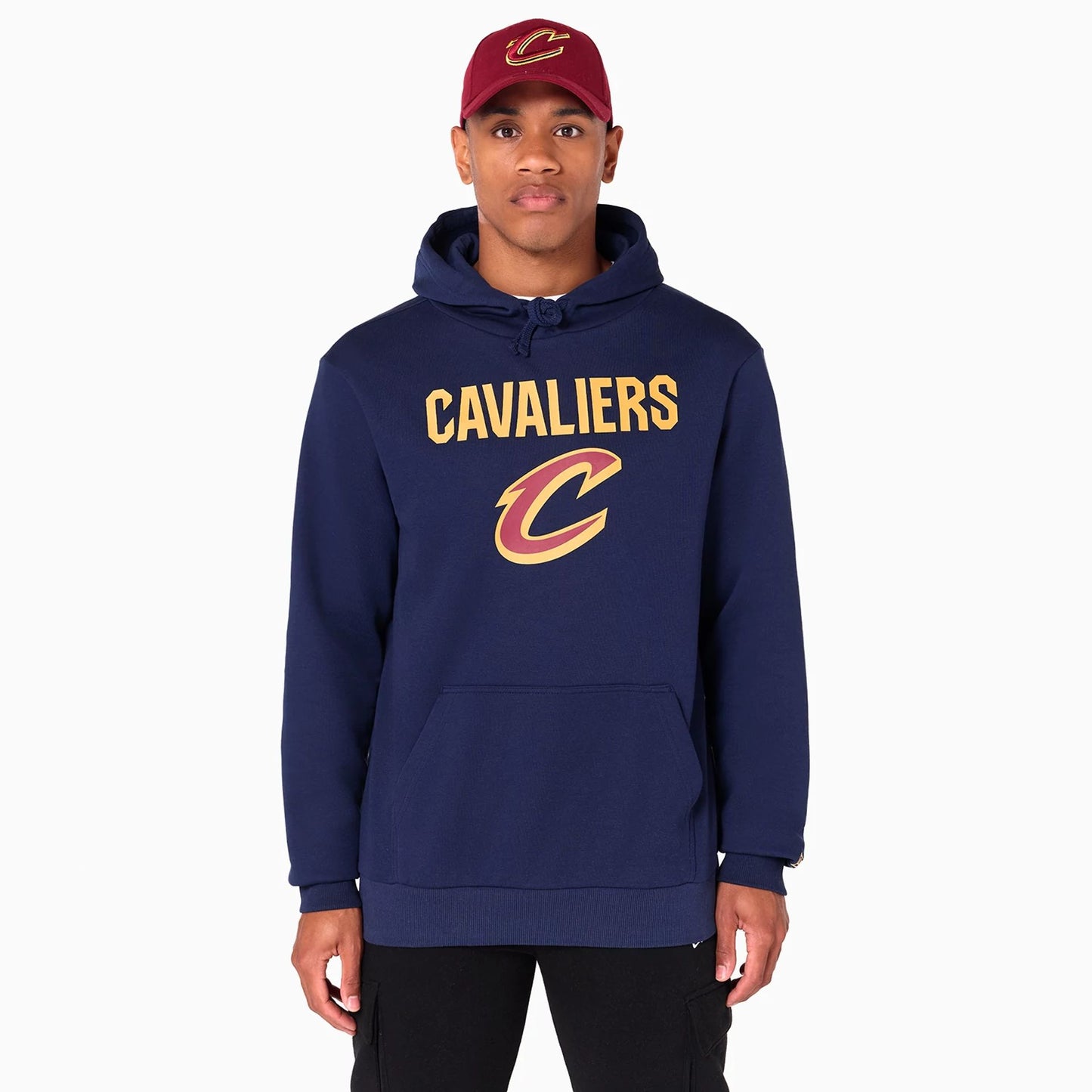 The Male model is wearing Cleveland Cavaliers NBA Navy Pullover Hoodie 1