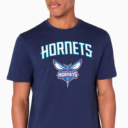 The Male model is wearing Charlotte Hornets NBA Navy T-Shirt 2