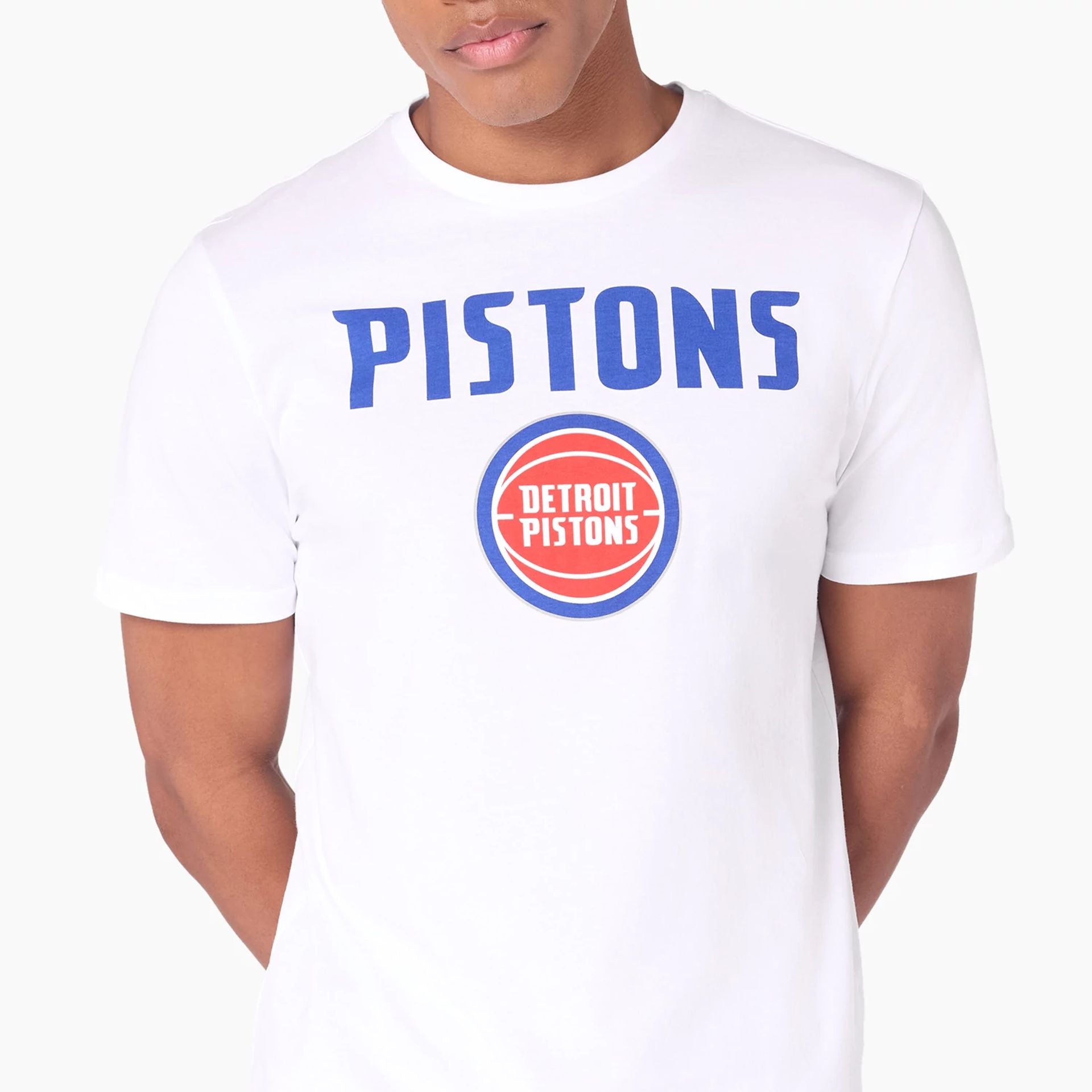 The Male model is wearing Detroit Pistons NBA White T-Shirt 2