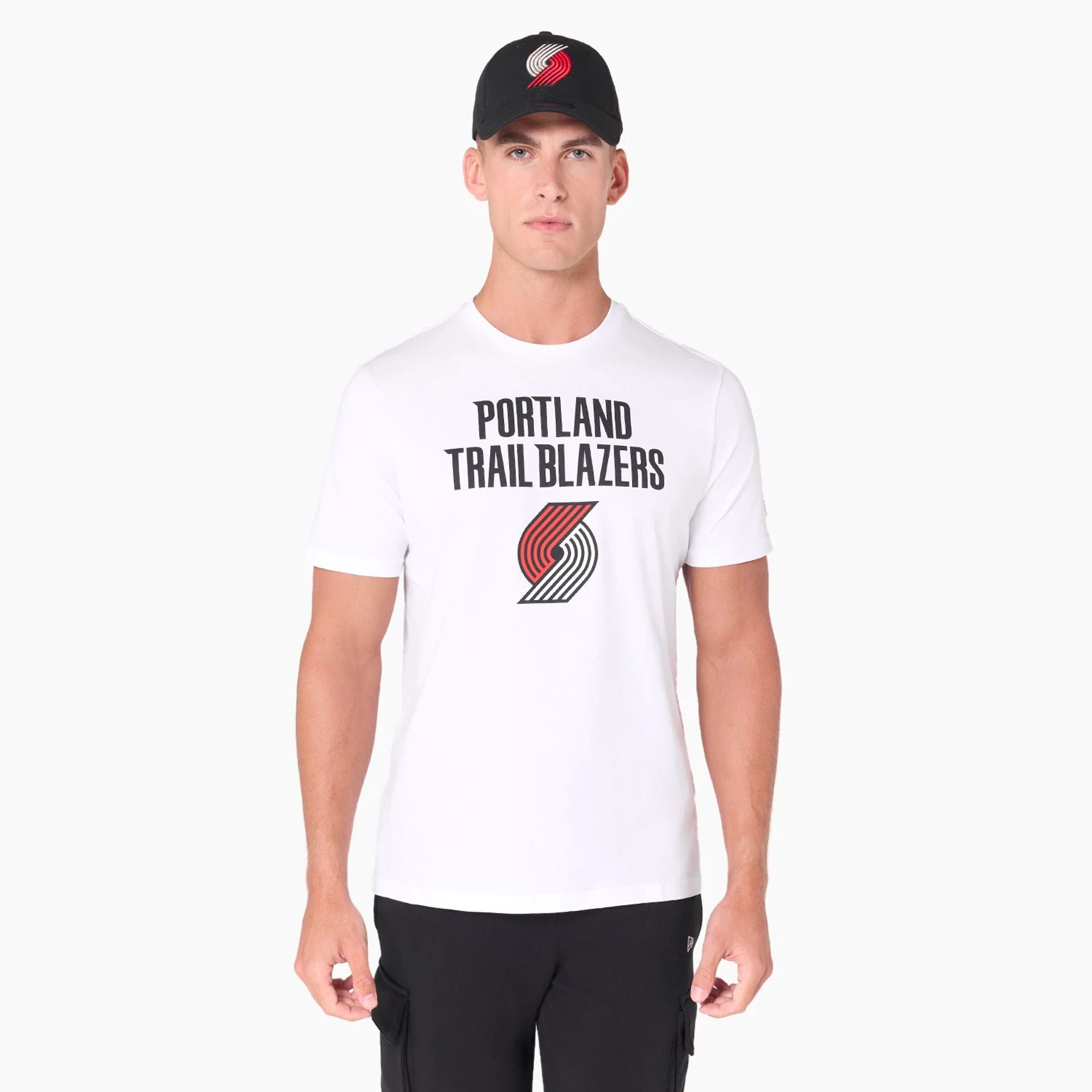 The Male model is wearing Portland Trail Blazers NBA White T-Shirt 1