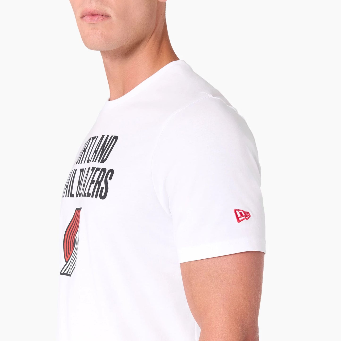 The Male model is wearing Portland Trail Blazers NBA White T-Shirt 4