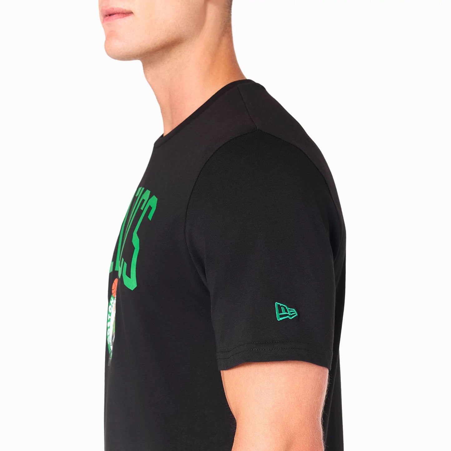 The Male model is wearing Boston Celtics NBA Black T-Shirt 4