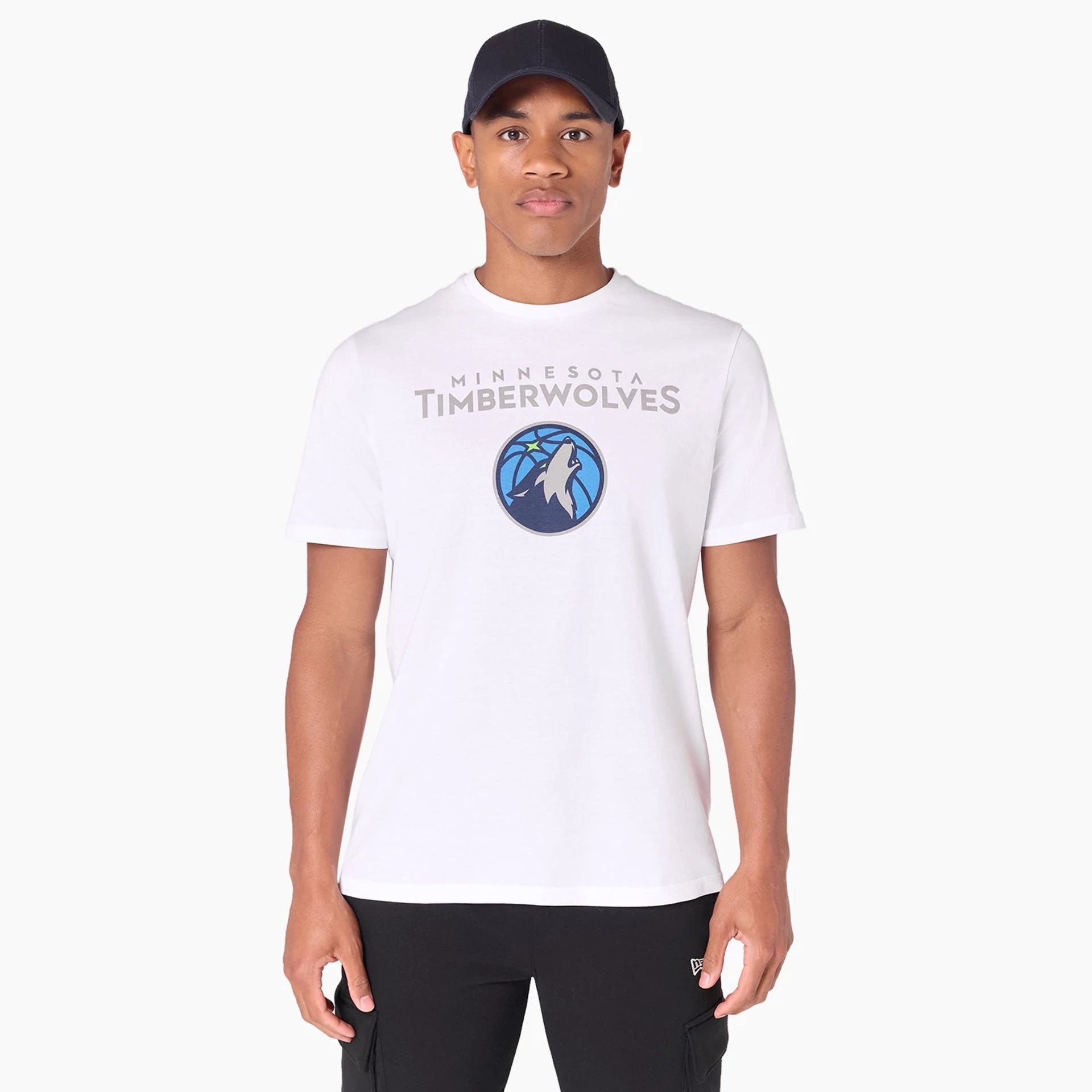 The Male model is wearing Minnesota Timberwolves NBA White T-Shirt 1