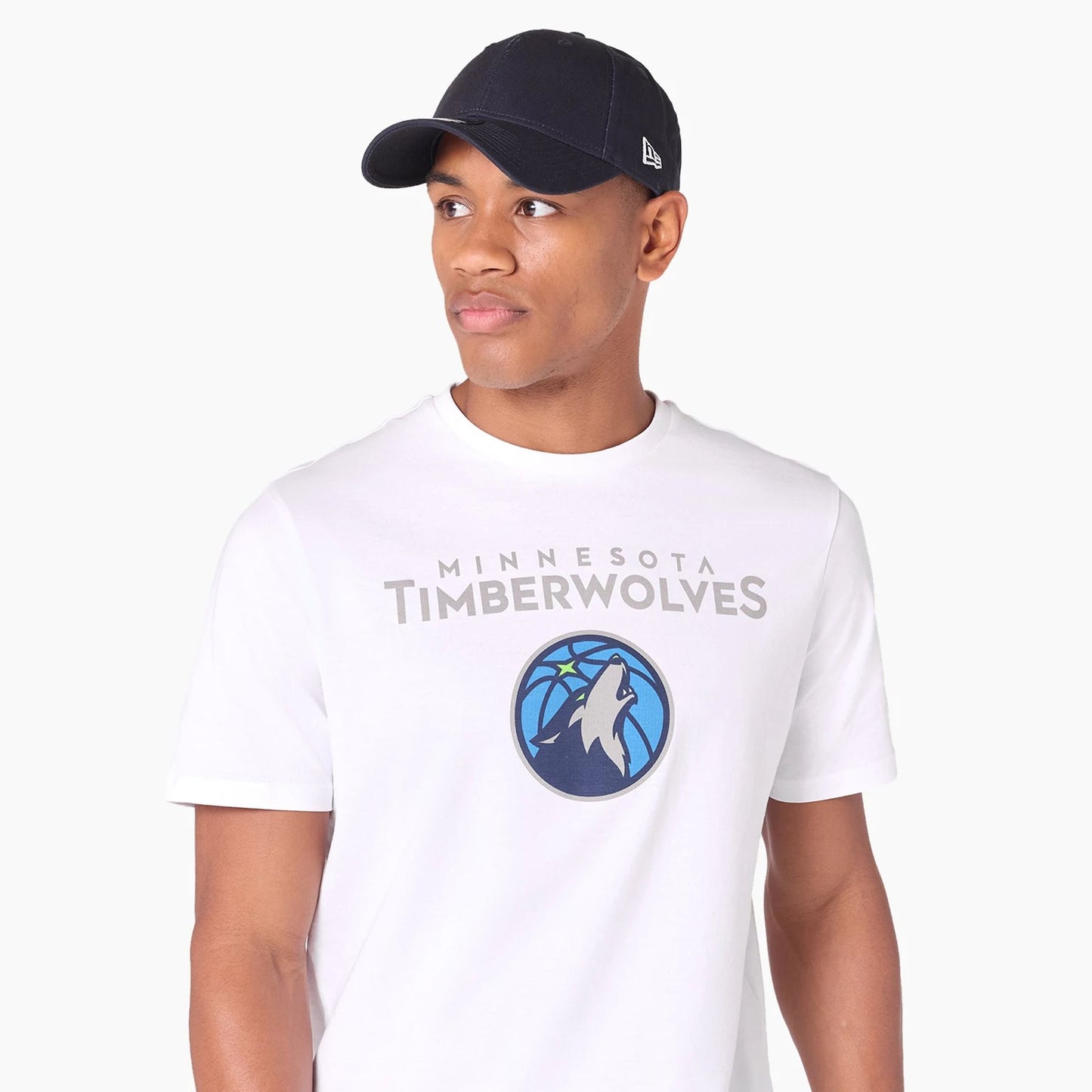 The Male model is wearing Minnesota Timberwolves NBA White T-Shirt 5