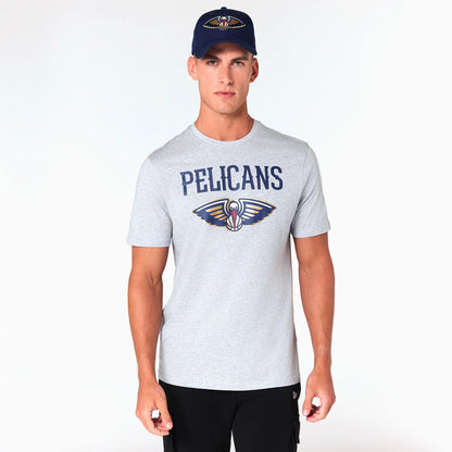 The Male model is wearing New Orleans Pelicans NBA Grey T-Shirt 1