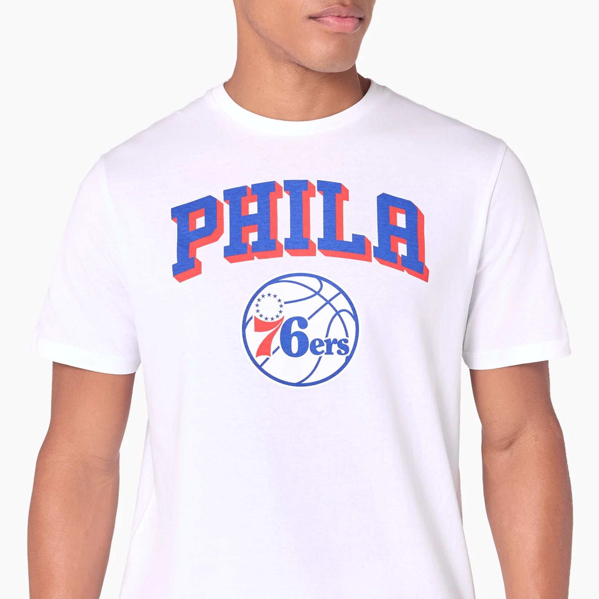 The Male model is wearing Philadelphia 76ers NBA White T-Shirt 2