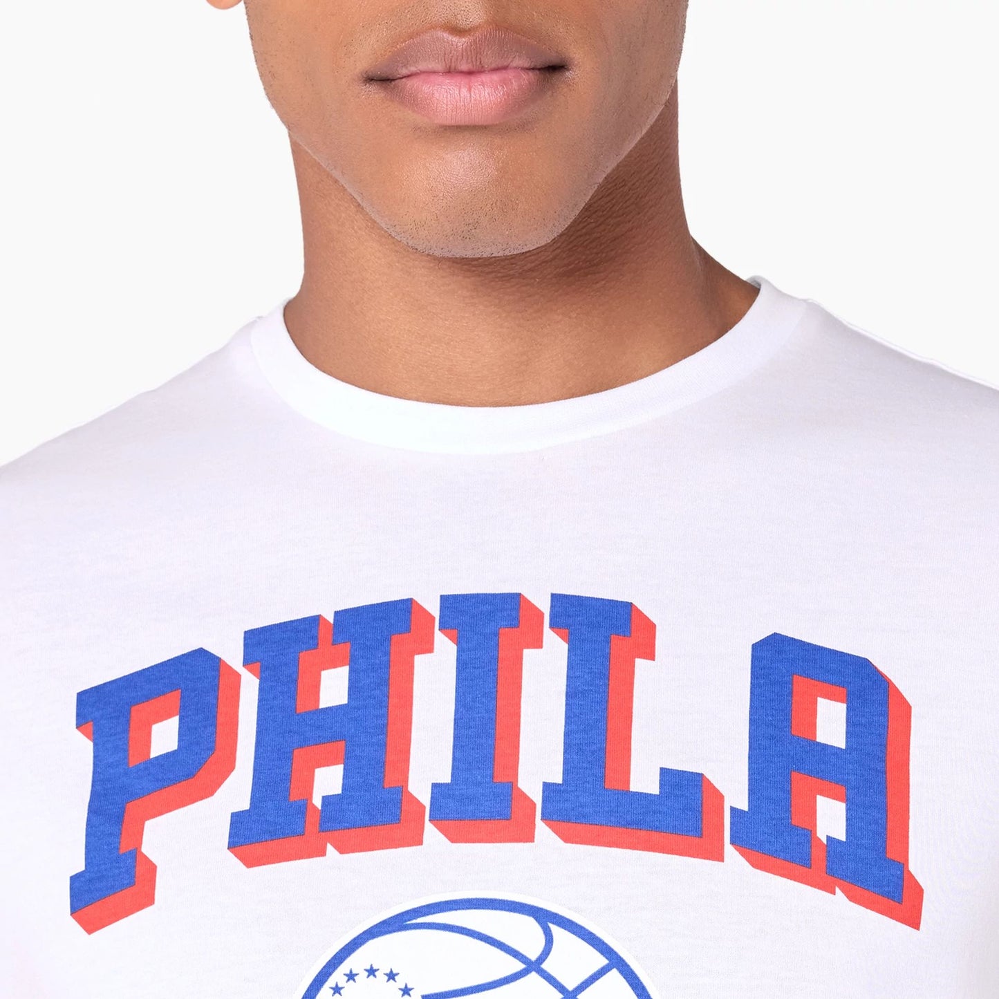 The Male model is wearing Philadelphia 76ers NBA White T-Shirt 3