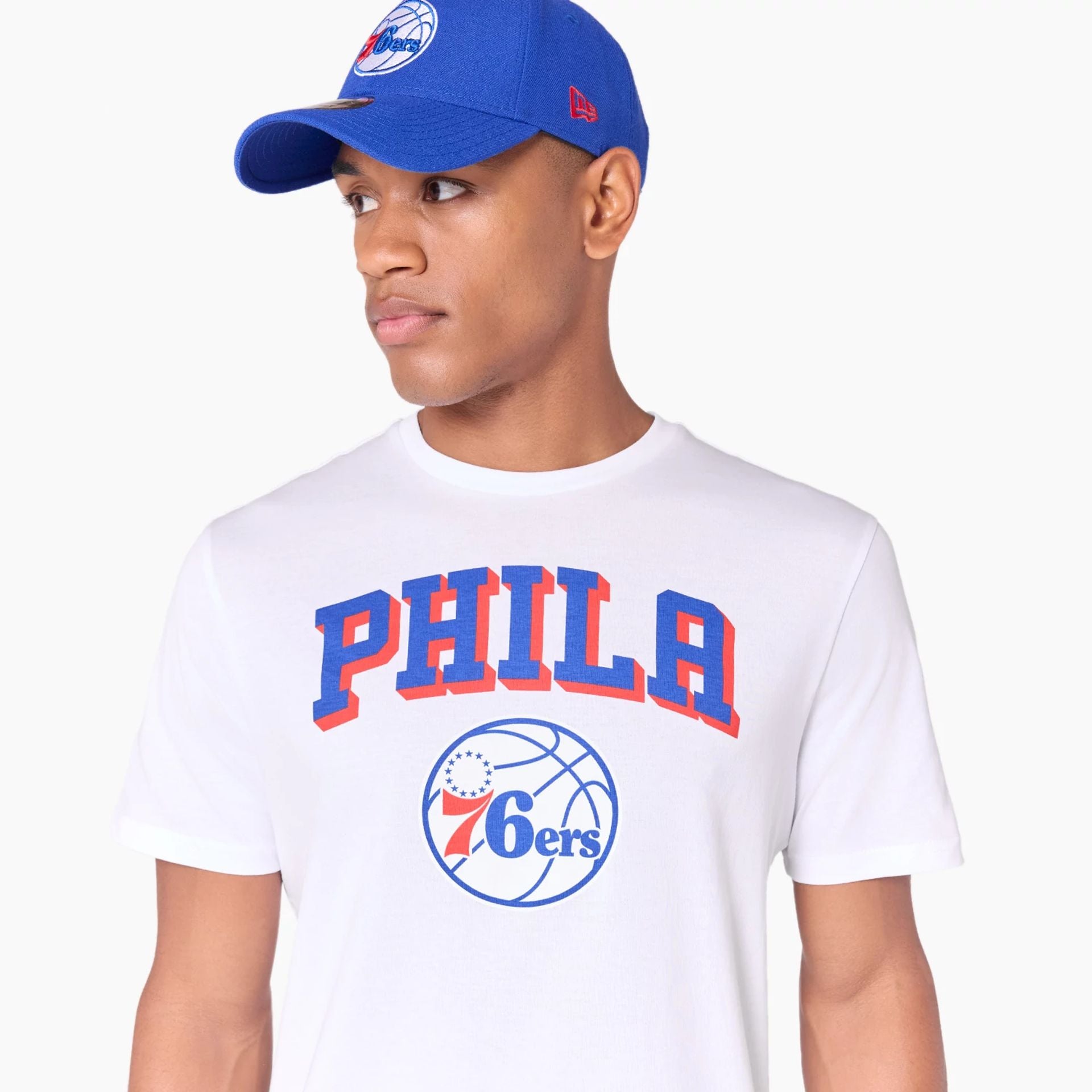 The Male model is wearing Philadelphia 76ers NBA White T-Shirt 5