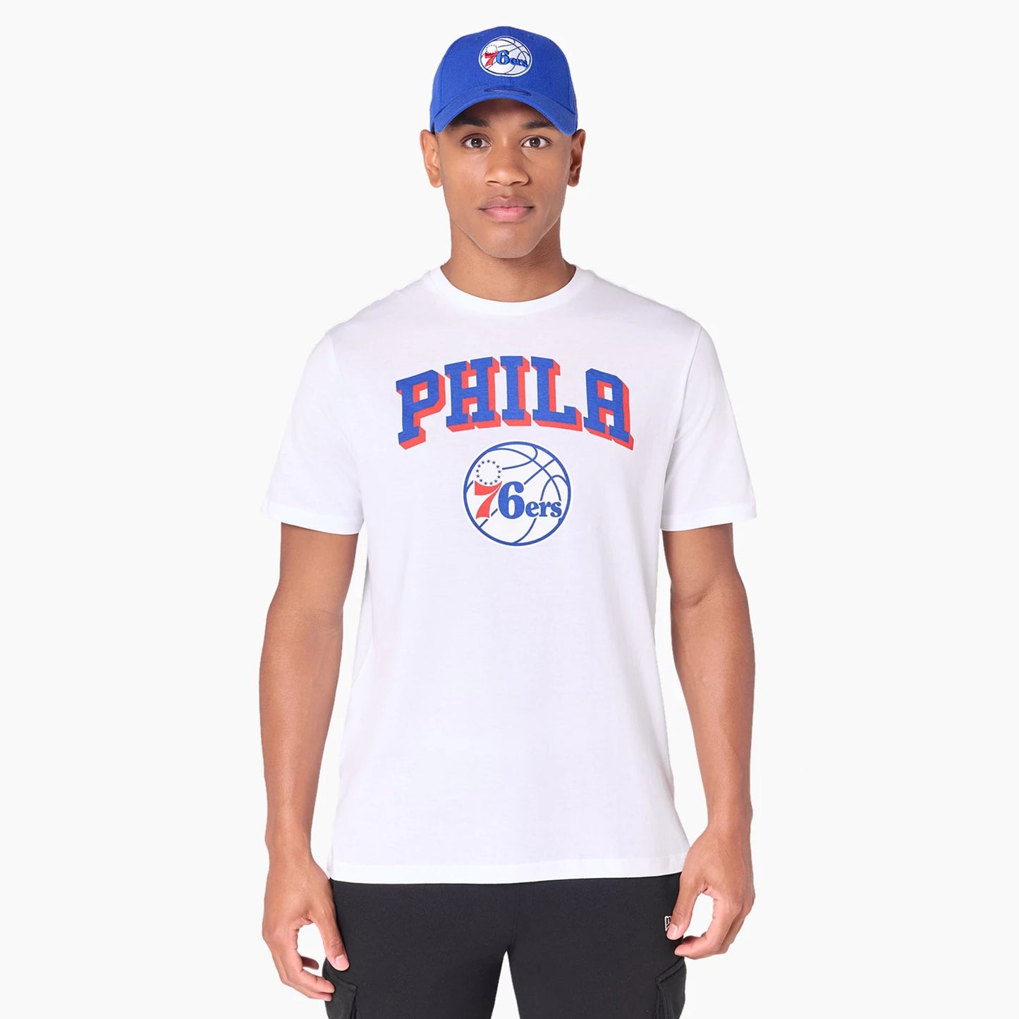 The Male model is wearing Philadelphia 76ers NBA White T-Shirt 1