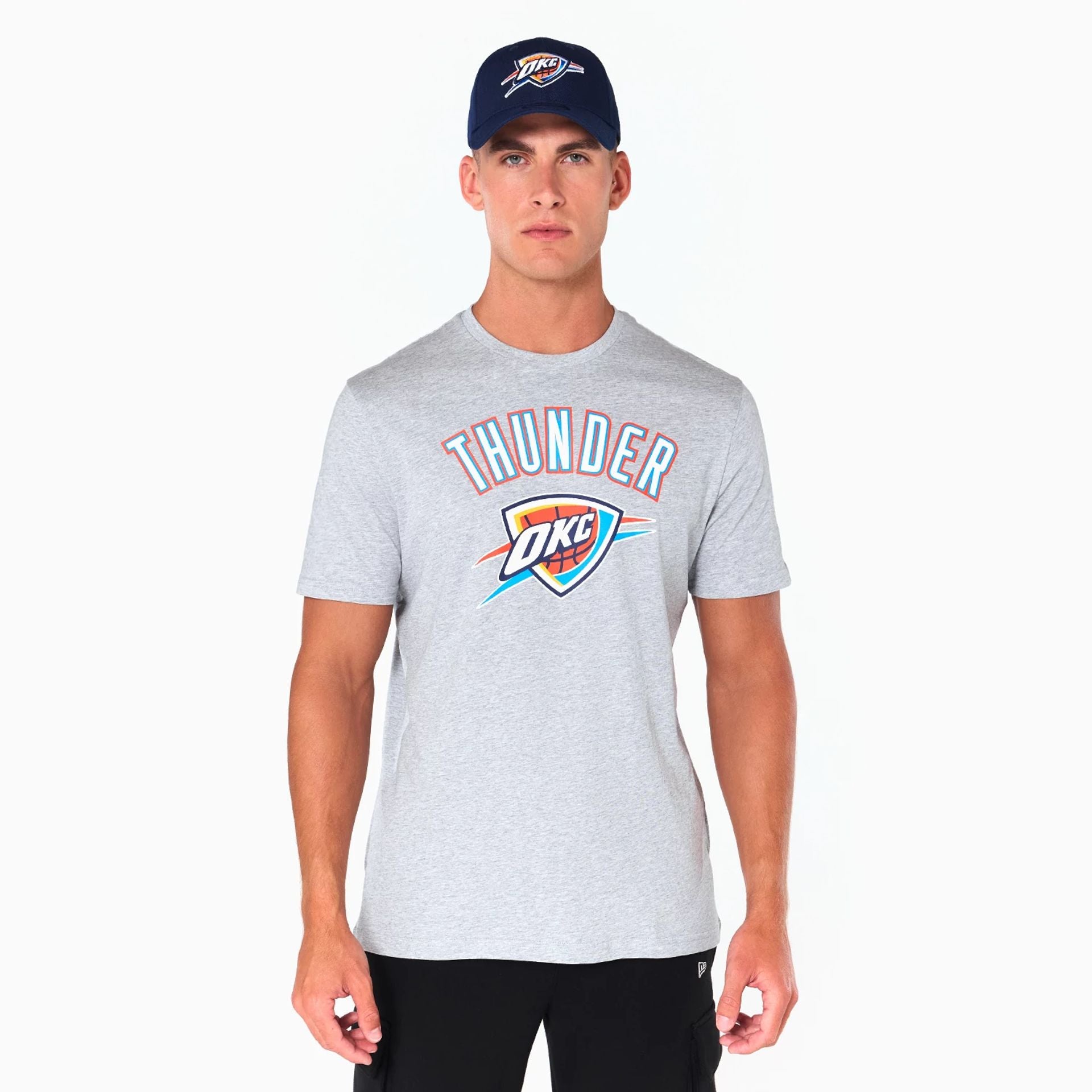 The Male model is wearing Oklahoma City Thunder NBA Grey T-Shirt 1