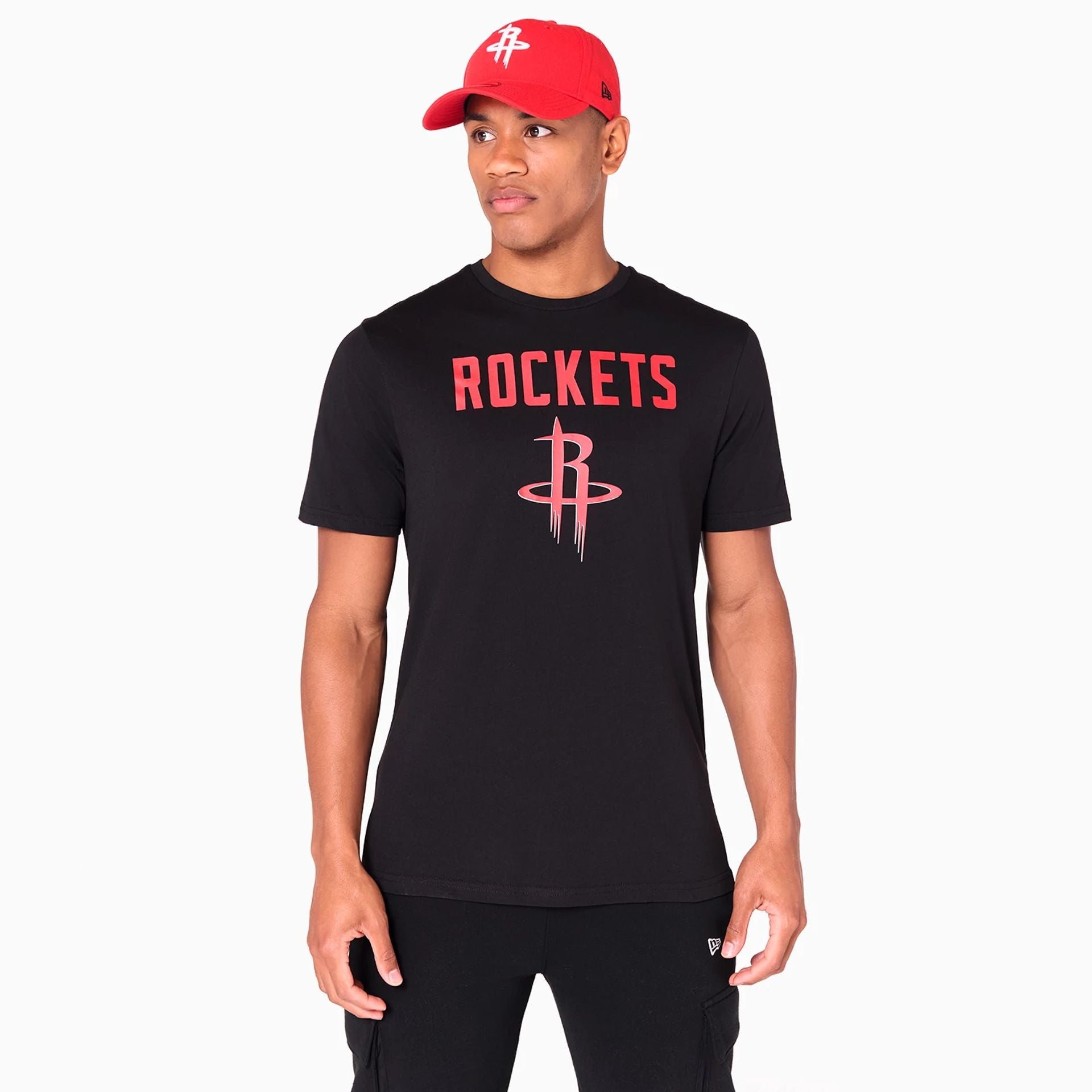 The Male model is wearing Houston Rockets NBA Black T-Shirt 1