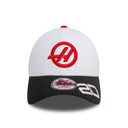 This is a MoneyGram Haas F1 Team Driver Kevin Magnussen White 9FORTY Adjustable Cap 3