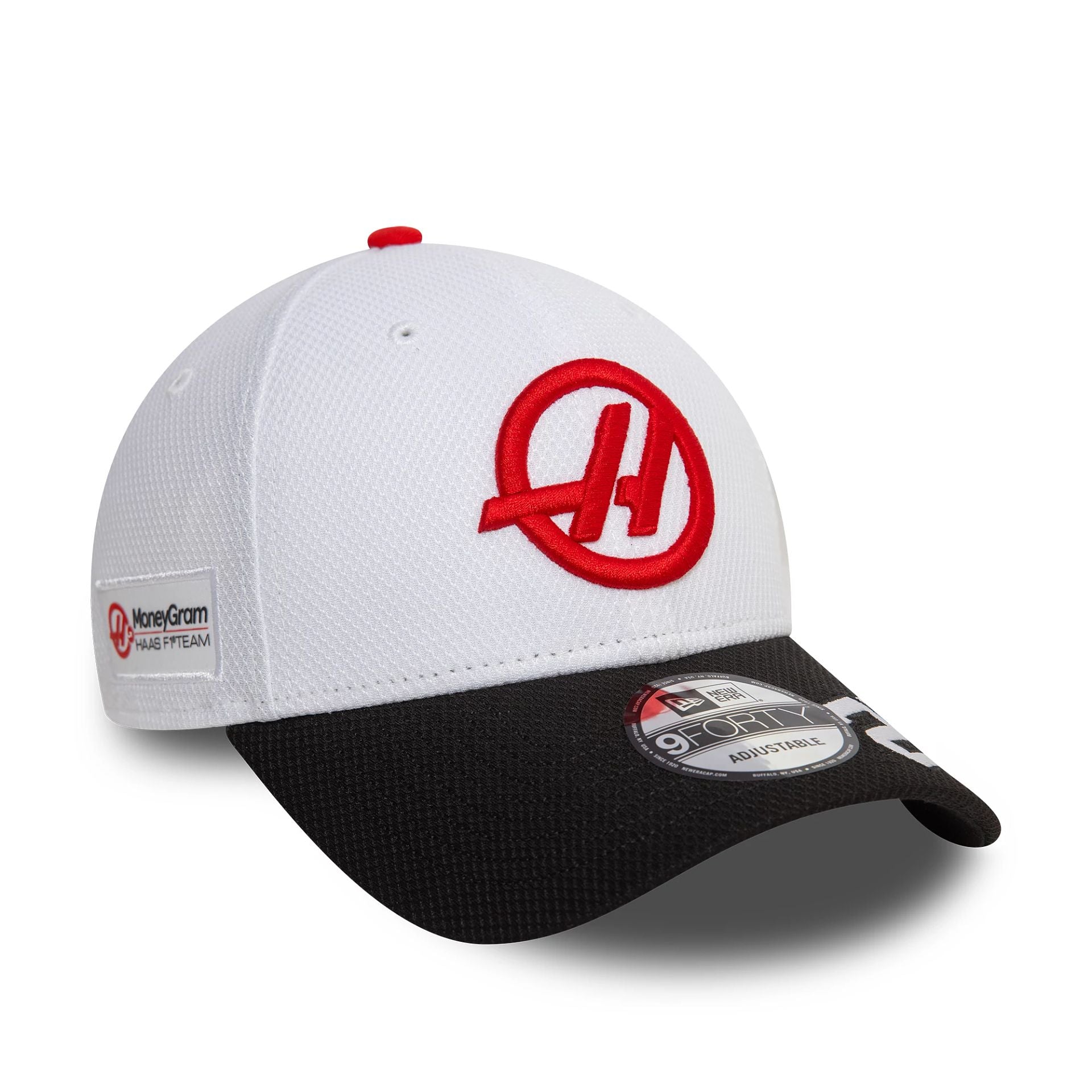 This is a MoneyGram Haas F1 Team Driver Kevin Magnussen White 9FORTY Adjustable Cap 1