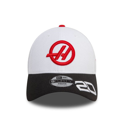 This is a MoneyGram Haas F1 Team Youth Driver Kevin Magnussen White 9FORTY Adjustable Cap 3